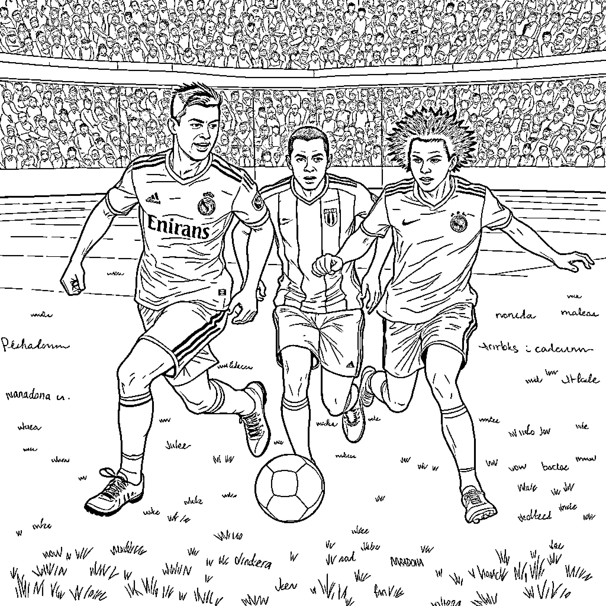 Football Players on the Field in Action Coloring Page (free black-and-white line drawing printable PDF for all, from beginners to advanced learners, including children, teens, adults, and seniors)