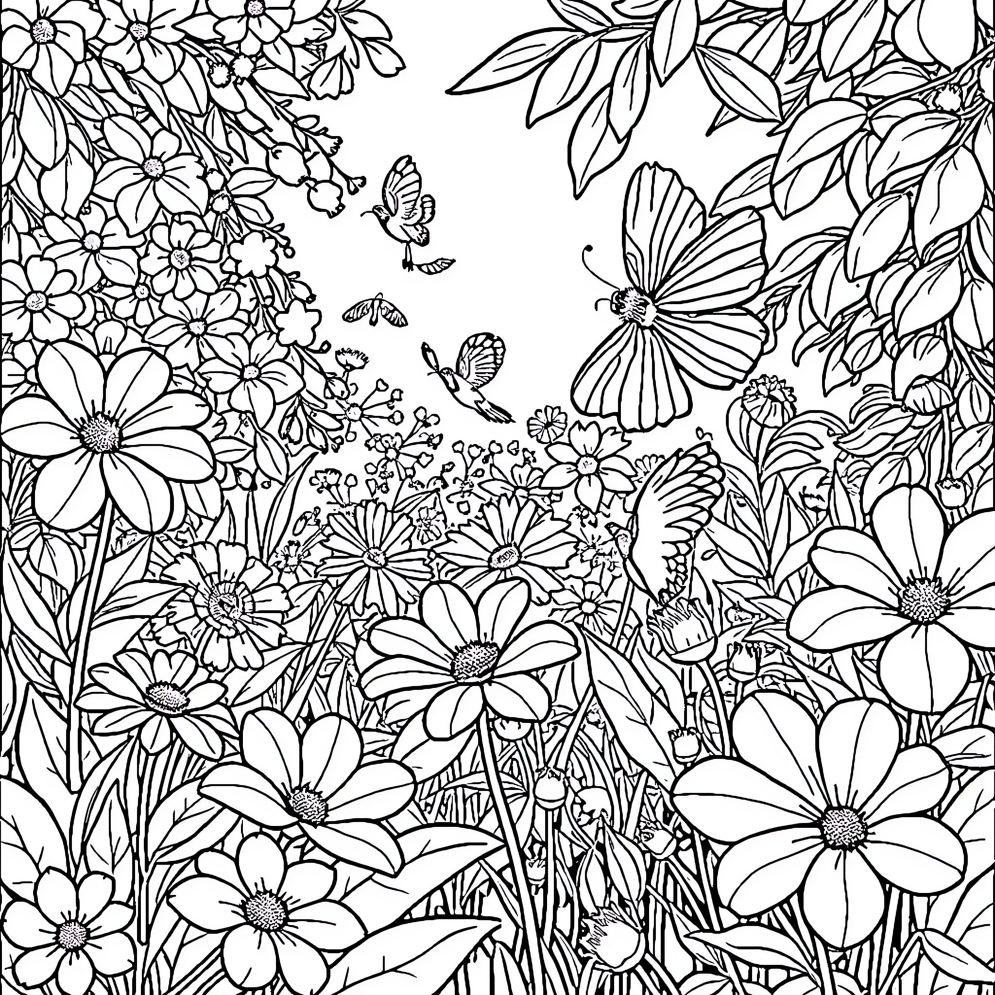 Butterfly Meadow with Blossoming Flowers Coloring Page (free black-and-white line drawing printable PDF for all, from beginners to advanced learners, including children, teens, adults, and seniors)