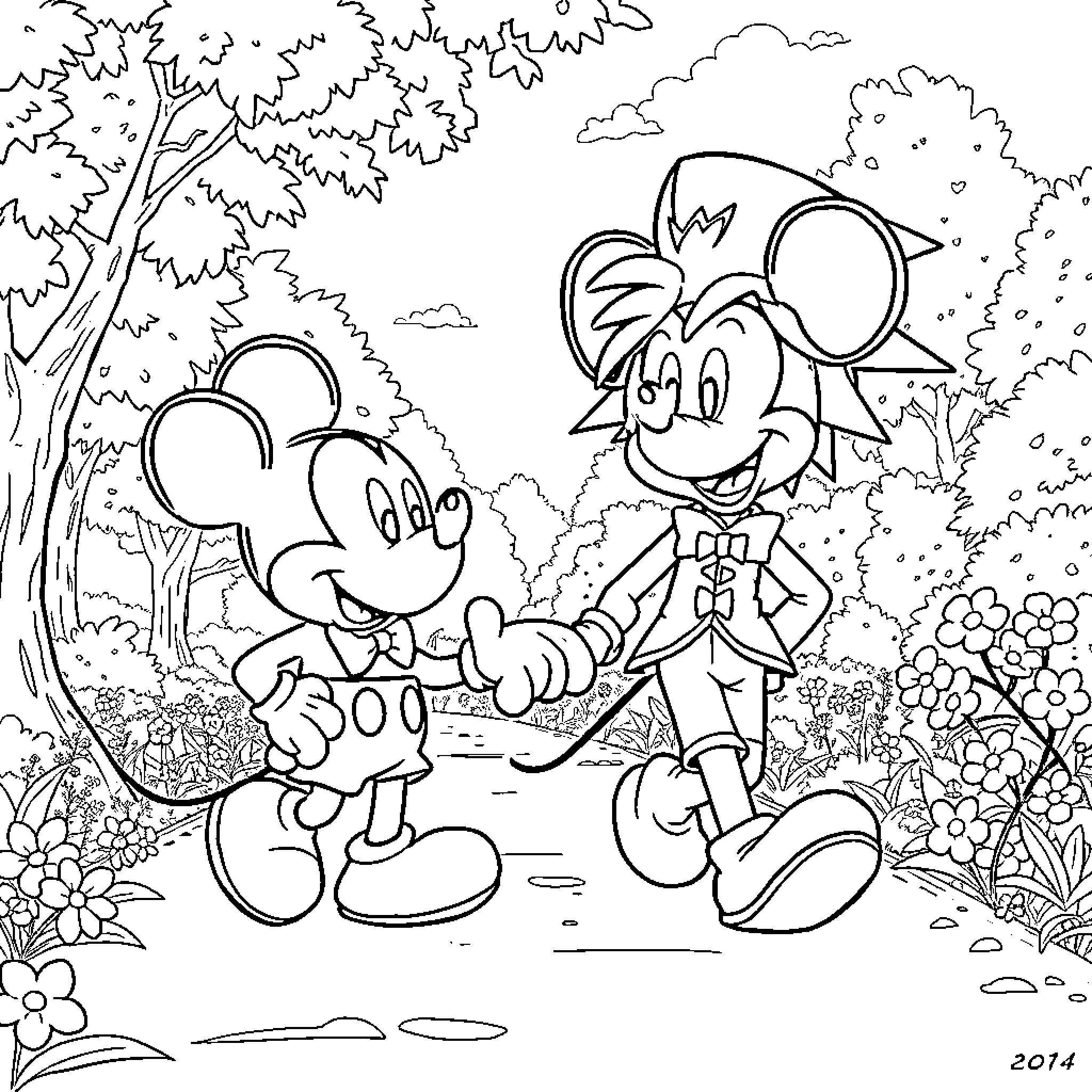 Mickey and Friend Exploring Nature Coloring Page (free black-and-white line drawing printable PDF for all, from beginners to advanced learners, including children, teens, adults, and seniors)