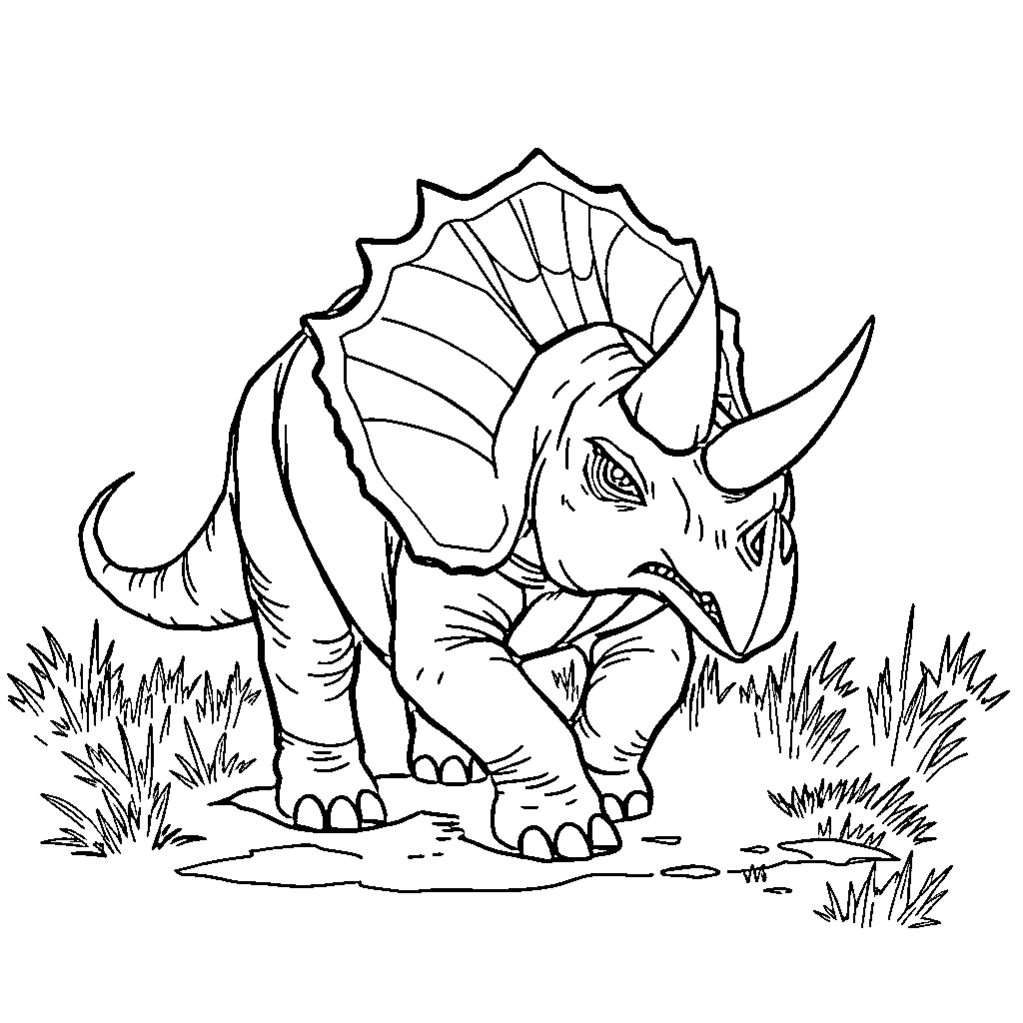 Triceratops exploring the prehistoric landscape Coloring Page (free black-and-white line drawing printable PDF for all, from beginners to advanced learners, including children, teens, adults, and seniors)