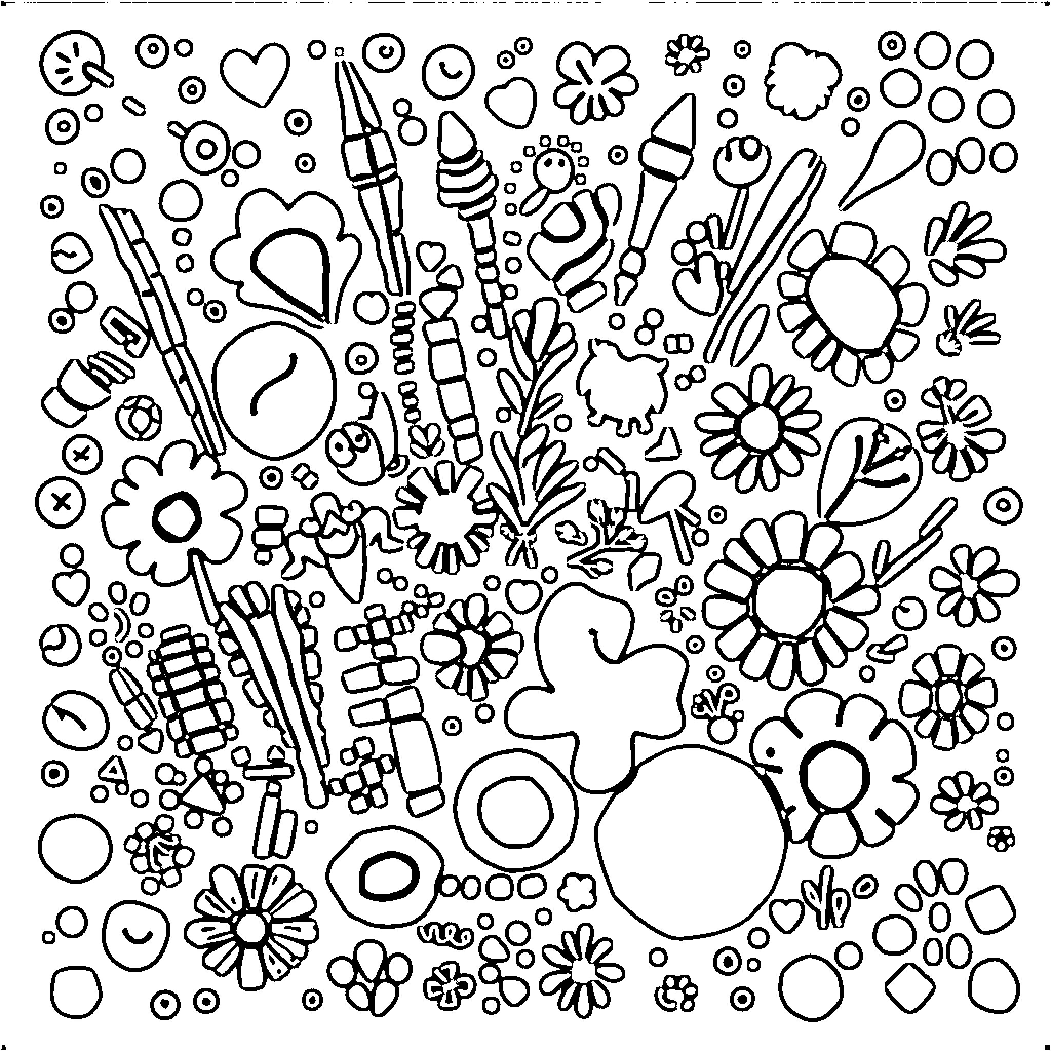 Doodle of Playful Shapes and Patterns Coloring Page (free black-and-white line drawing printable PDF for all, from beginners to advanced learners, including children, teens, adults, and seniors)