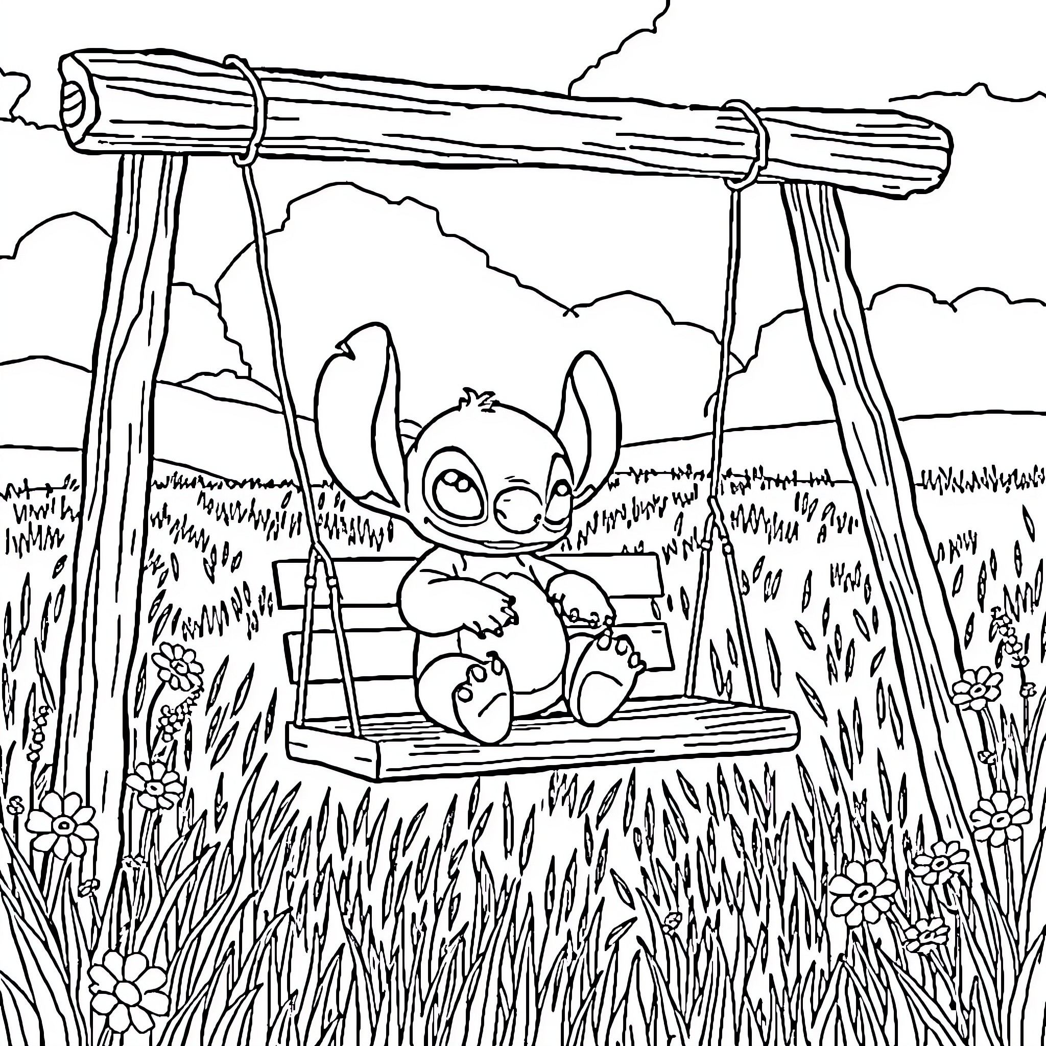 Stitch enjoying a peaceful swing in nature Coloring Page (free black-and-white line drawing printable PDF for all, from beginners to advanced learners, including children, teens, adults, and seniors)