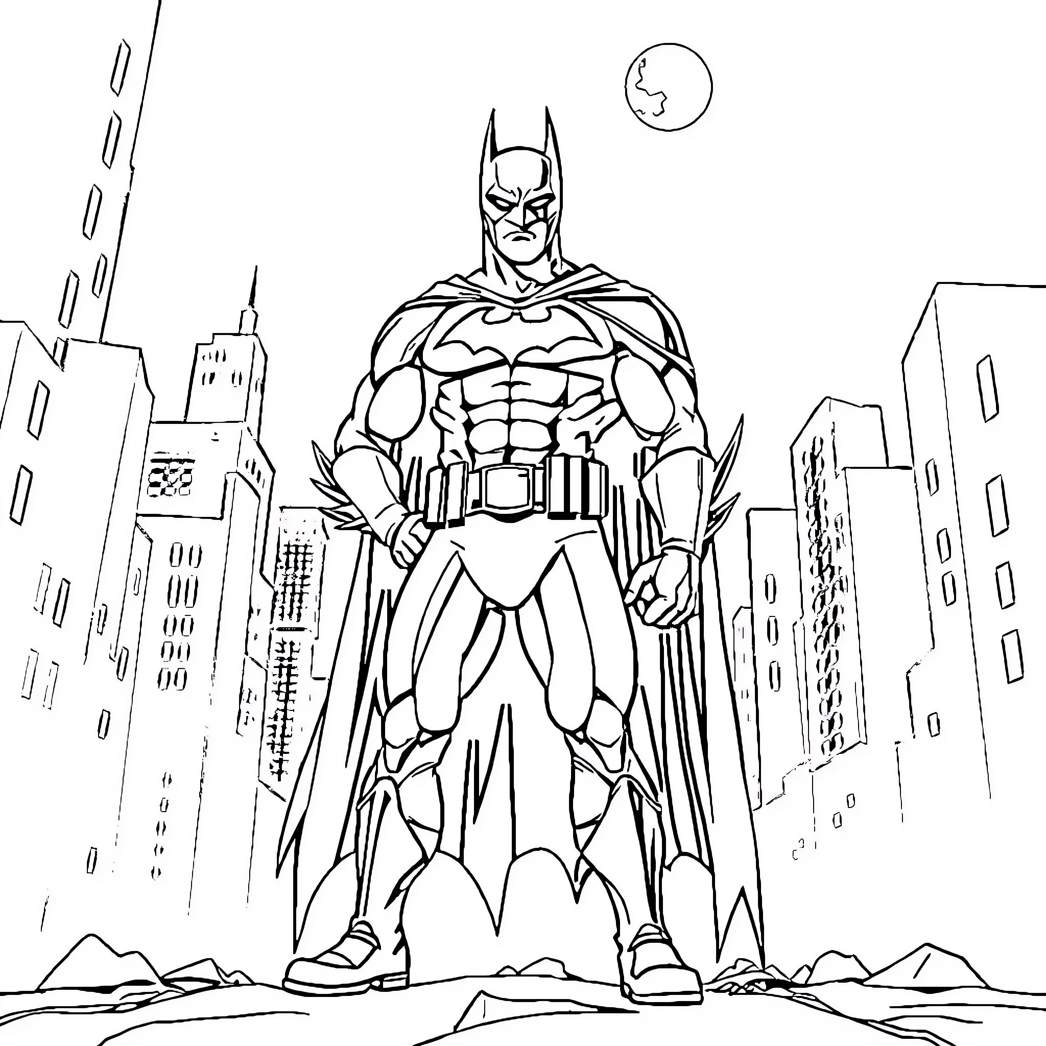 Batman standing tall in the city at night Coloring Page (free black-and-white line drawing printable PDF for all, from beginners to advanced learners, including children, teens, adults, and seniors)
