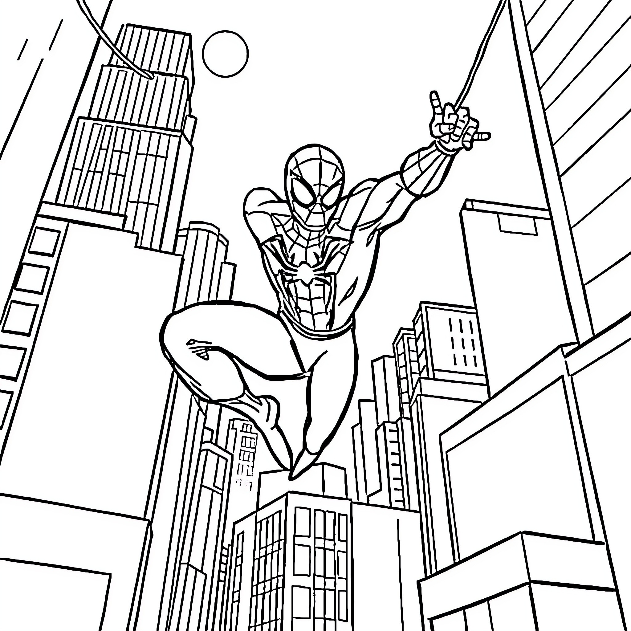 Spiderman swinging heroically through the city Coloring Page (free black-and-white line drawing printable PDF for all, from beginners to advanced learners, including children, teens, adults, and seniors)
