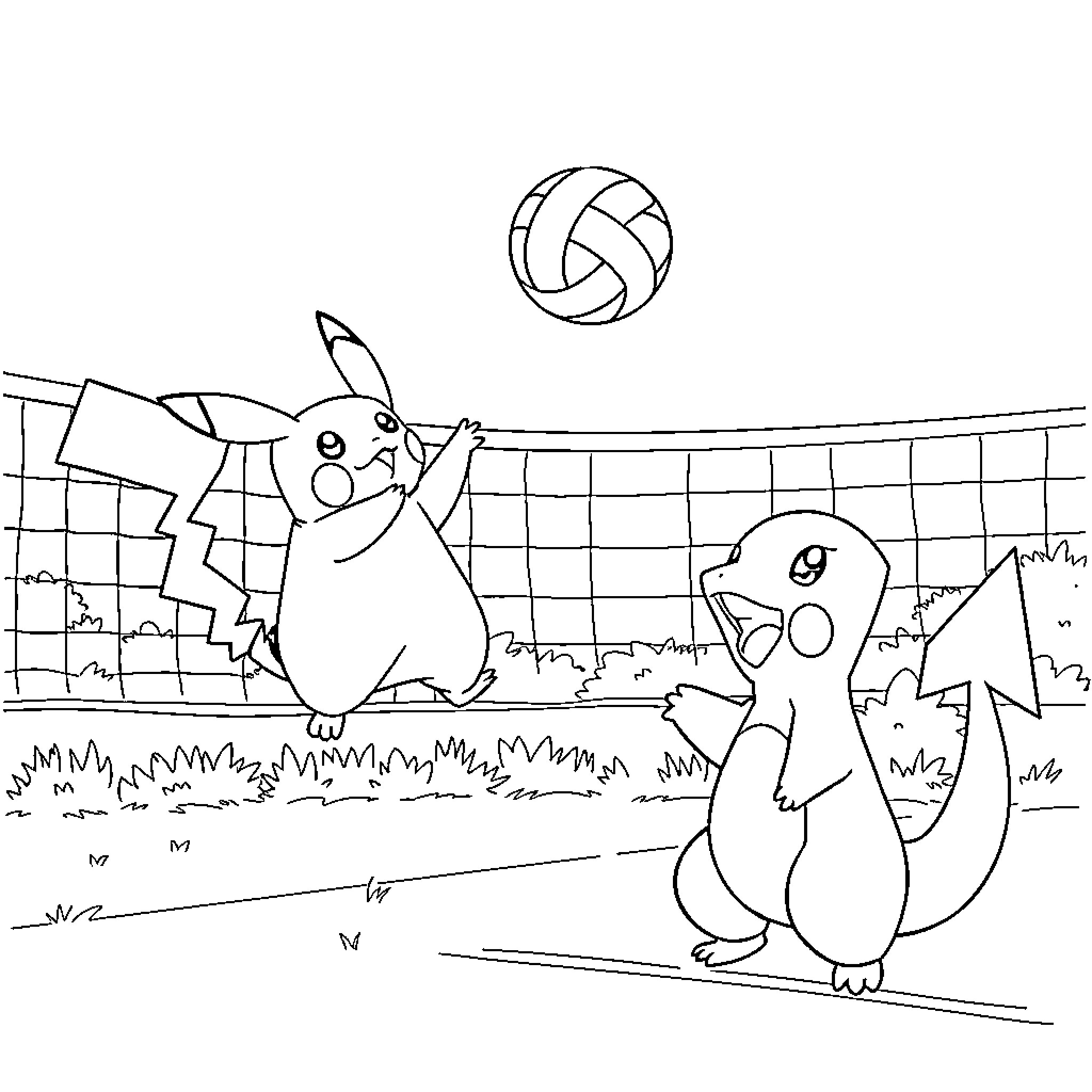 Pikachu playing volleyball with Pokemon friend Coloring Page (free black-and-white line drawing printable PDF for all, from beginners to advanced learners, including children, teens, adults, and seniors)