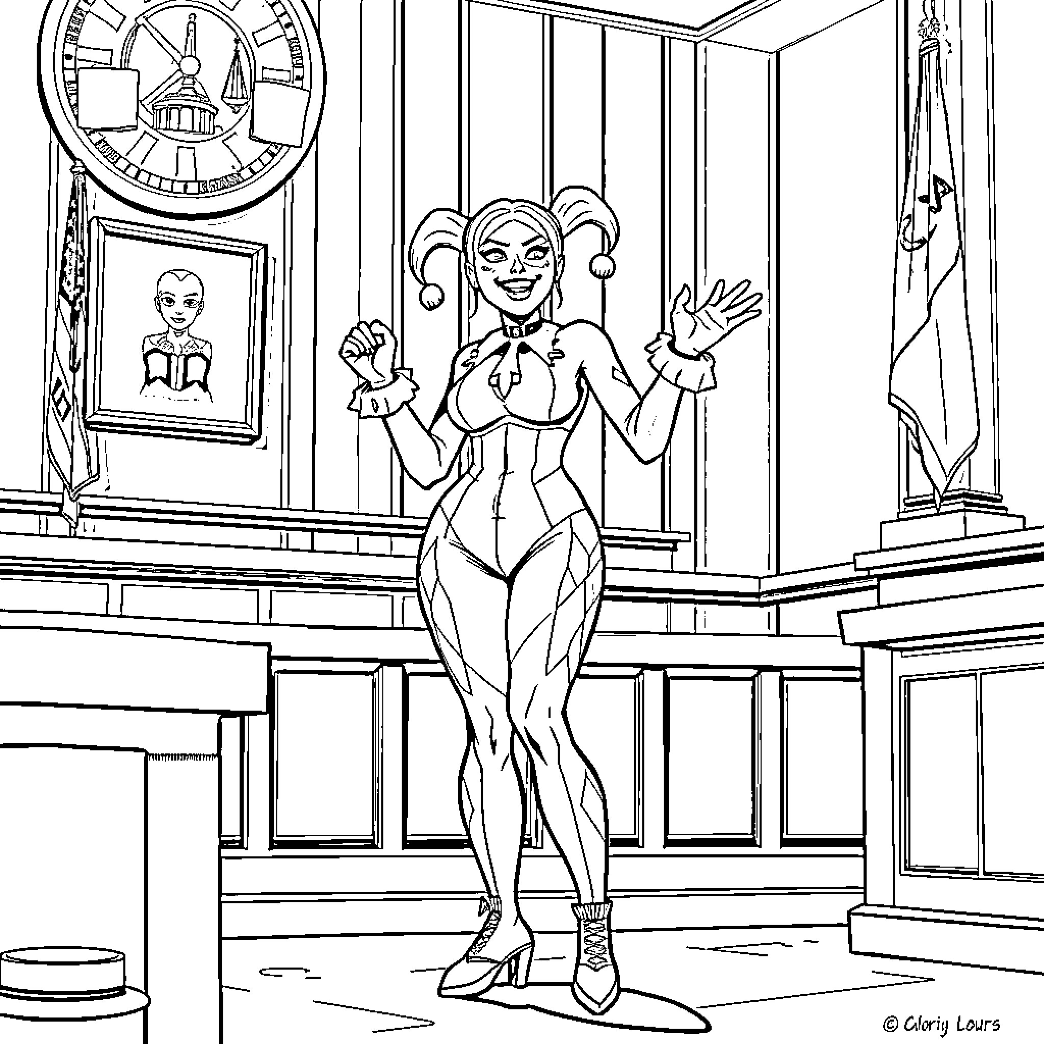 Harley Quinn posing confidently in a stylized setting Coloring Page (free black-and-white line drawing printable PDF for all, from beginners to advanced learners, including children, teens, adults, and seniors)