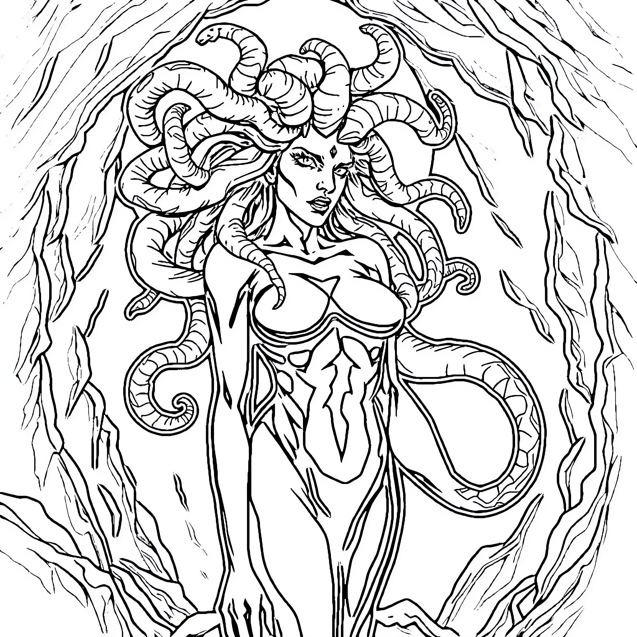 Medusa emerging from the shadows with serpentine grace Coloring Page (free black-and-white line drawing printable PDF for all, from beginners to advanced learners, including children, teens, adults, and seniors)