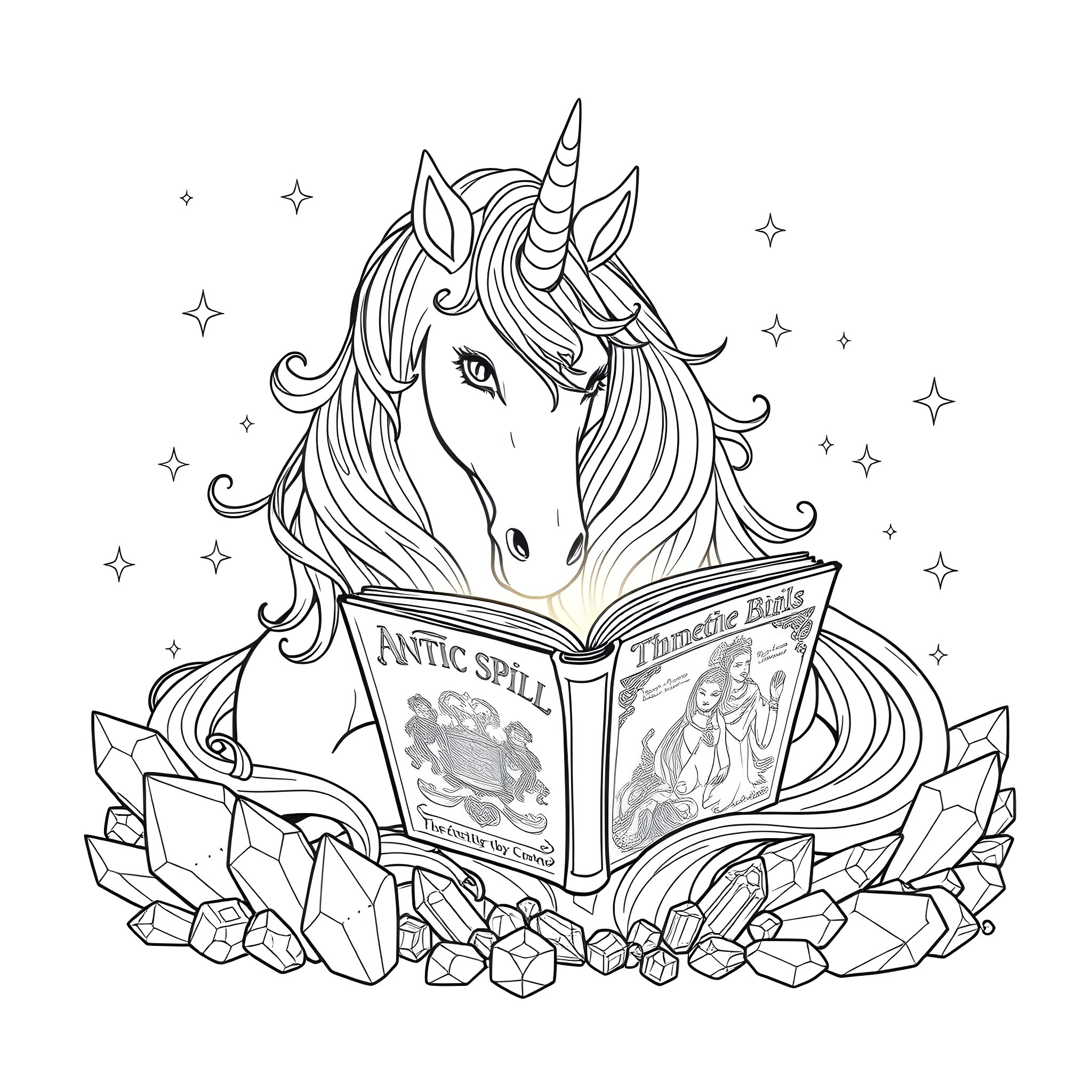 Unicorn reading magical storybook surrounded by crystals Coloring Page (free black-and-white line drawing printable PDF for all, from beginners to advanced learners, including children, teens, adults, and seniors)