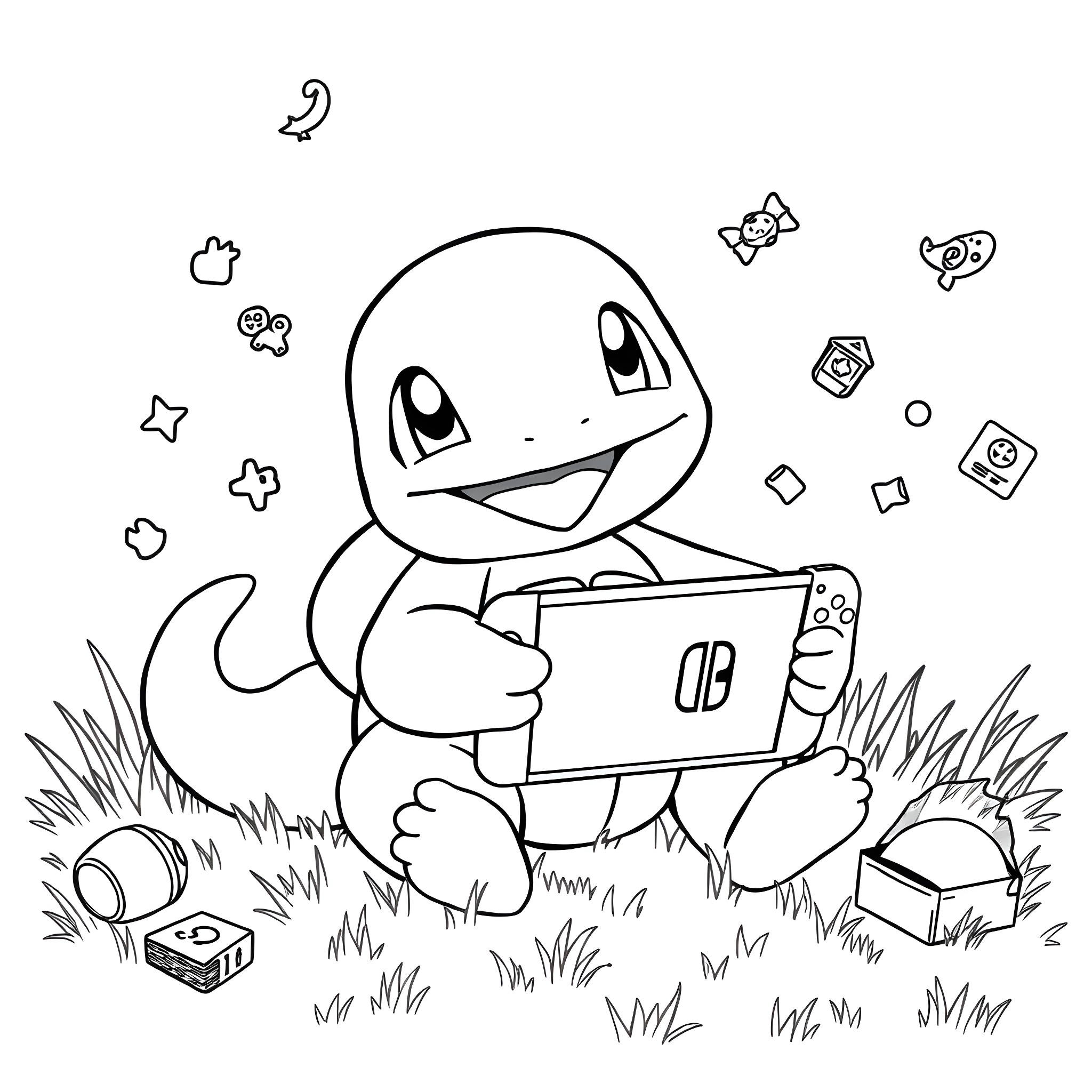 Squirtle playing with gaming console in the grass Coloring Page (free black-and-white line drawing printable PDF for all, from beginners to advanced learners, including children, teens, adults, and seniors)