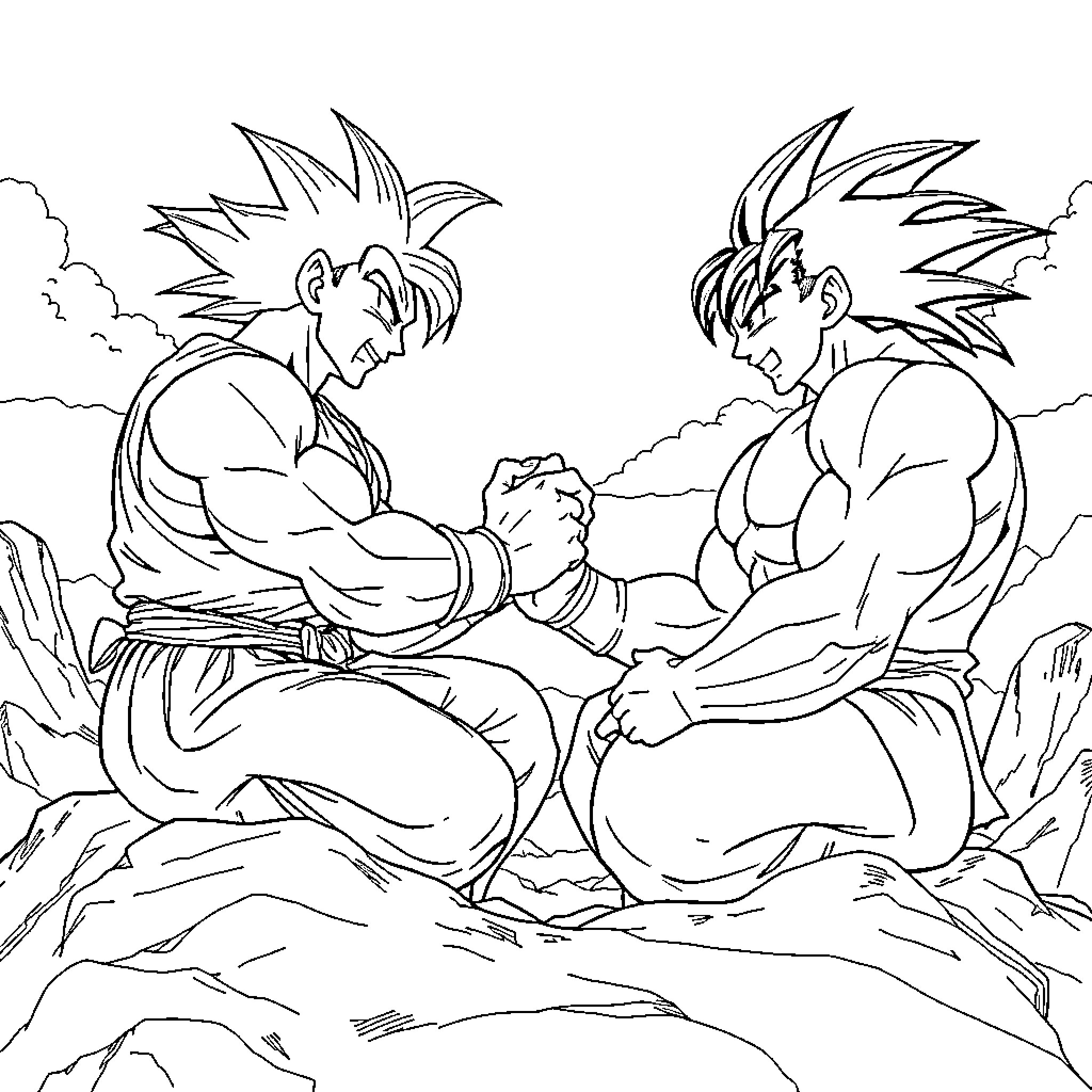 Goku and opponent in intense battle scene Coloring Page (free black-and-white line drawing printable PDF for all, from beginners to advanced learners, including children, teens, adults, and seniors)
