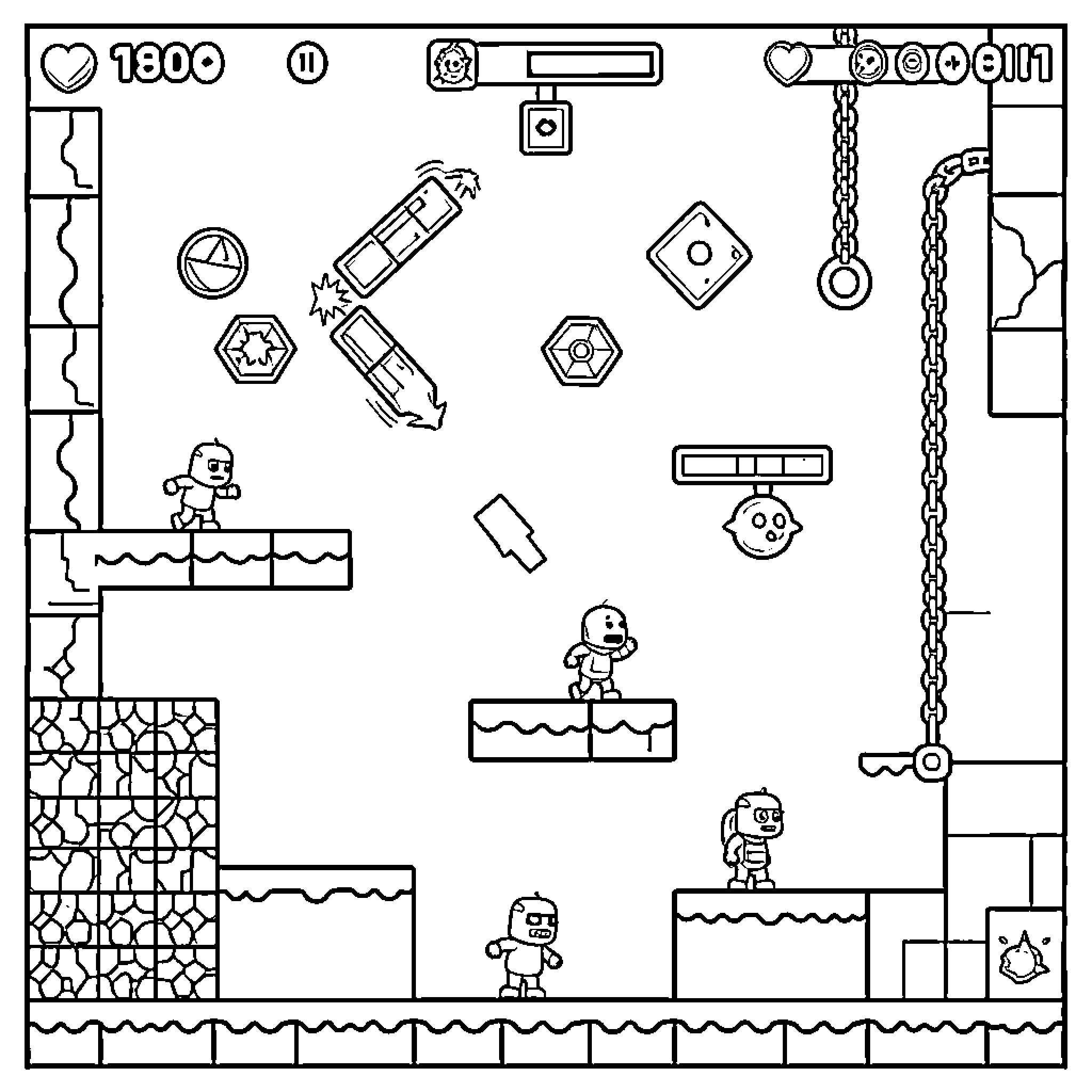 Geometry Dash Boss navigating platforms and avoiding obstacles Coloring Page (free black-and-white line drawing printable PDF for all, from beginners to advanced learners, including children, teens, adults, and seniors)