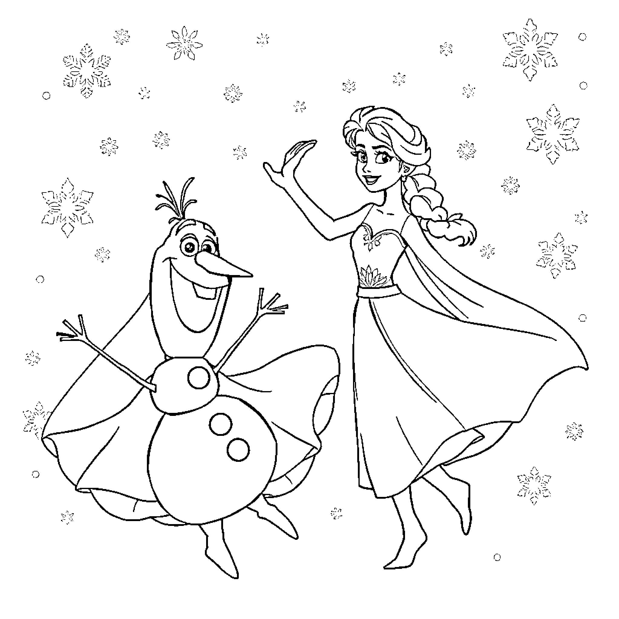 Elsa and Olaf dancing in the winter wonderland Coloring Page (free black-and-white line drawing printable PDF for all, from beginners to advanced learners, including children, teens, adults, and seniors)