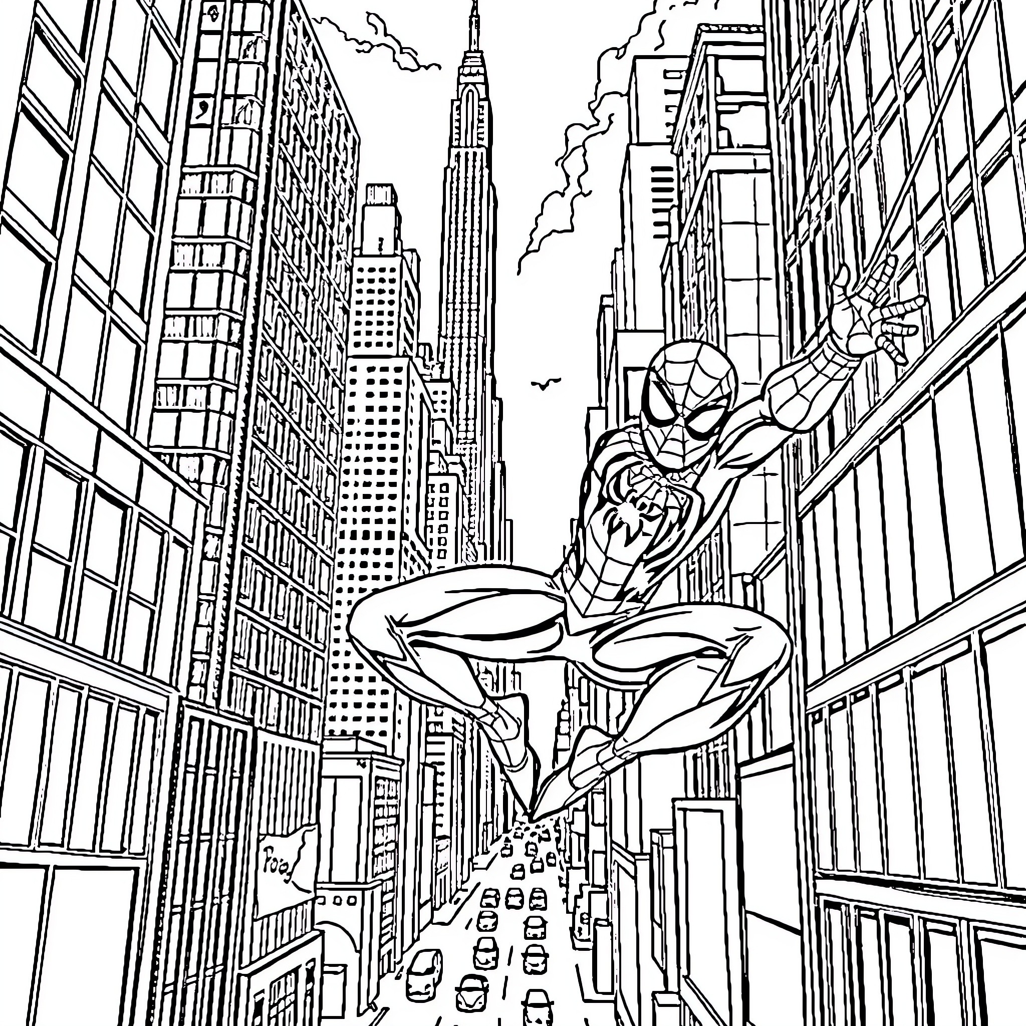 Spiderman swinging through the city skyline Coloring Page (free black-and-white line drawing printable PDF for all, from beginners to advanced learners, including children, teens, adults, and seniors)
