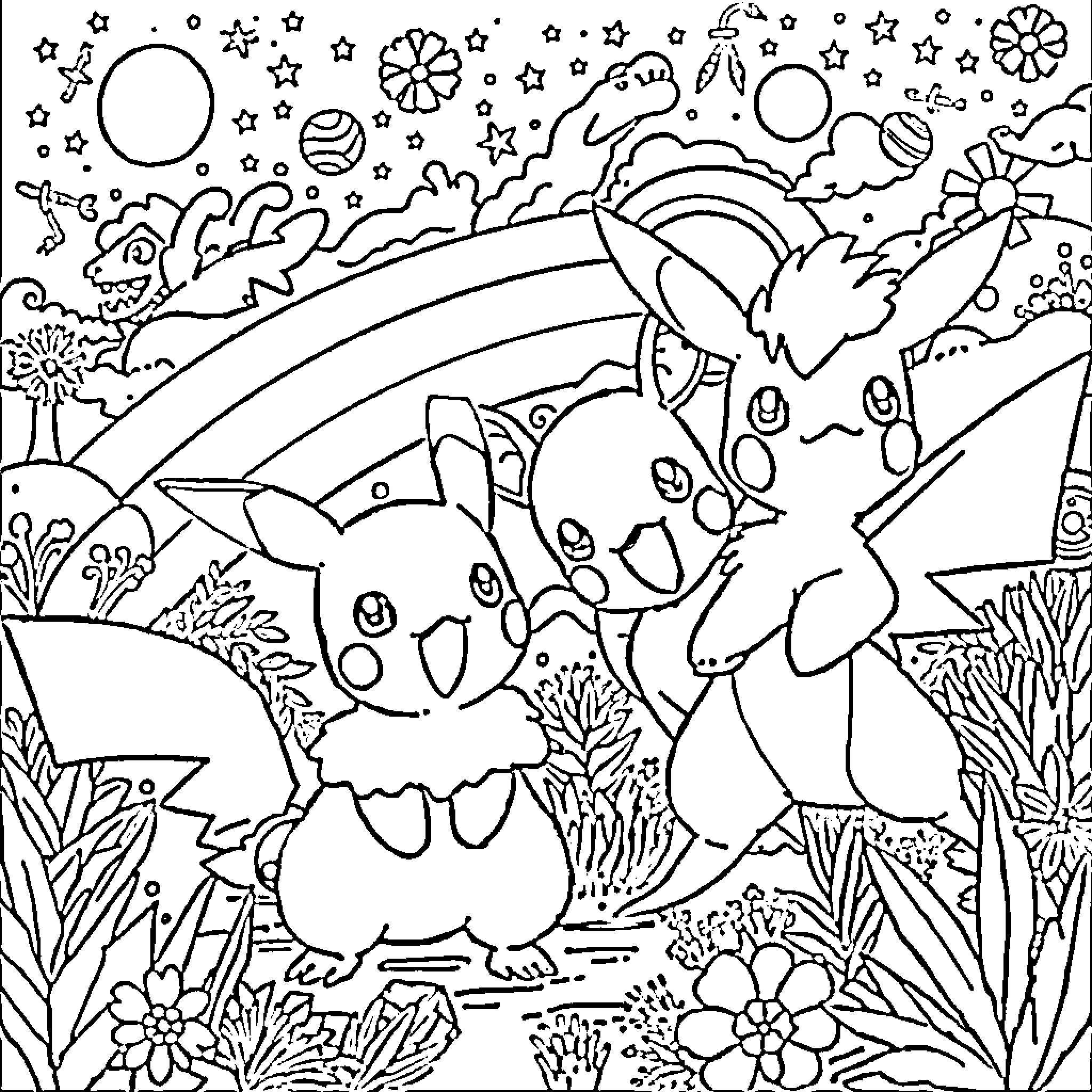 Pokémon characters in a whimsical, fantasy landscape Coloring Page (free black-and-white line drawing printable PDF for all, from beginners to advanced learners, including children, teens, adults, and seniors)