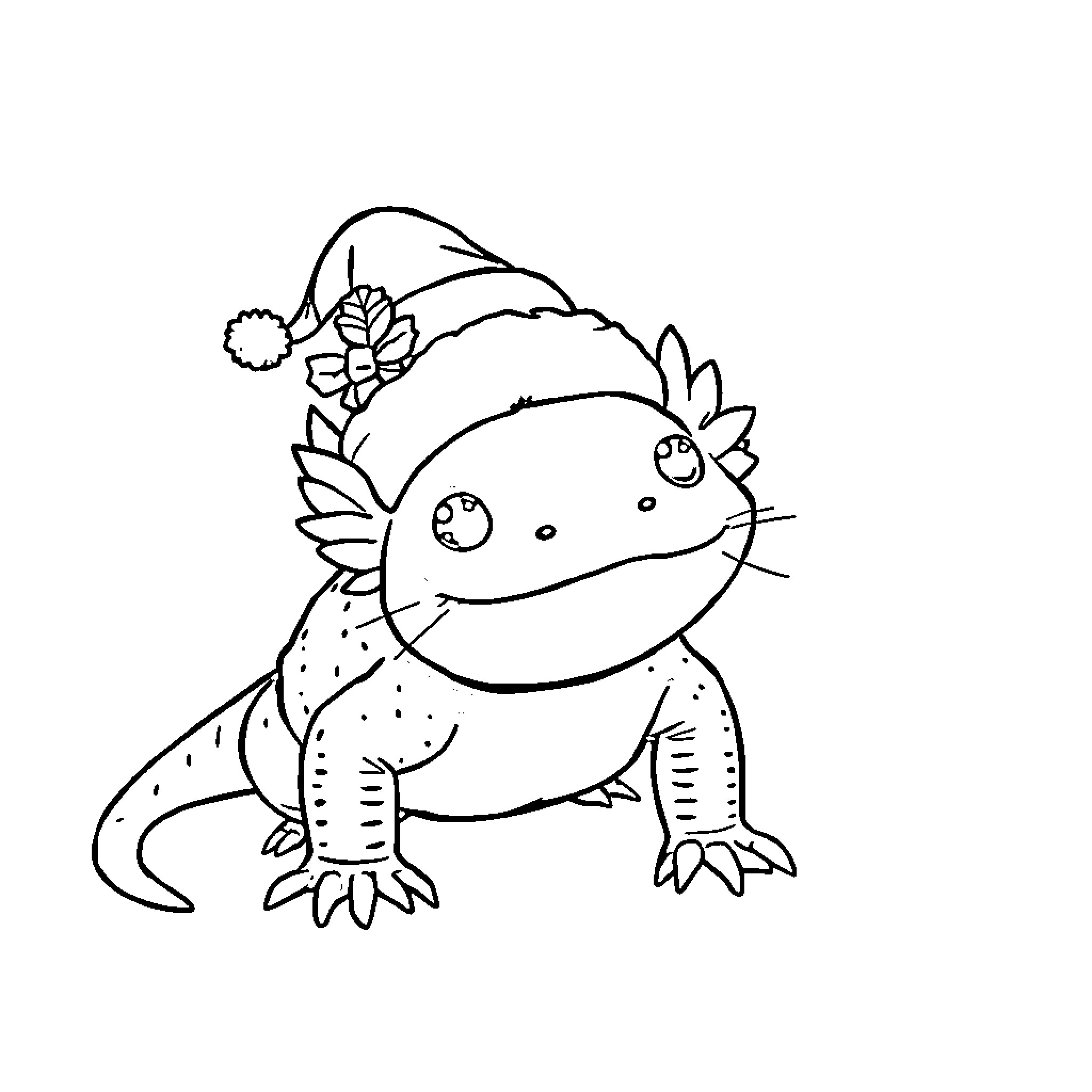 Axolotl wearing a festive hat Coloring Page (free black-and-white line drawing printable PDF for all, from beginners to advanced learners, including children, teens, adults, and seniors)