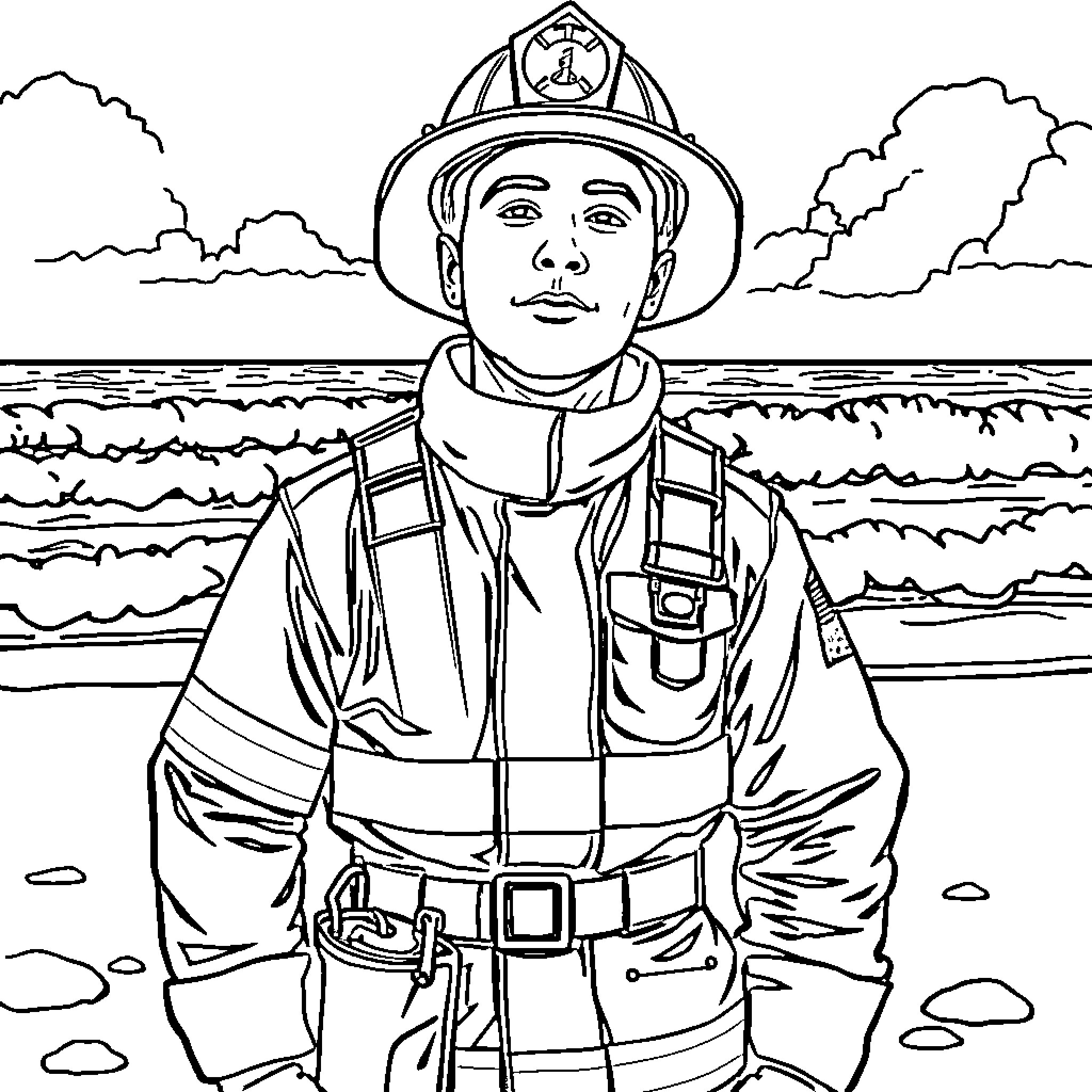Fireman standing bravely in uniform on duty Coloring Page (free black-and-white line drawing printable PDF for all, from beginners to advanced learners, including children, teens, adults, and seniors)
