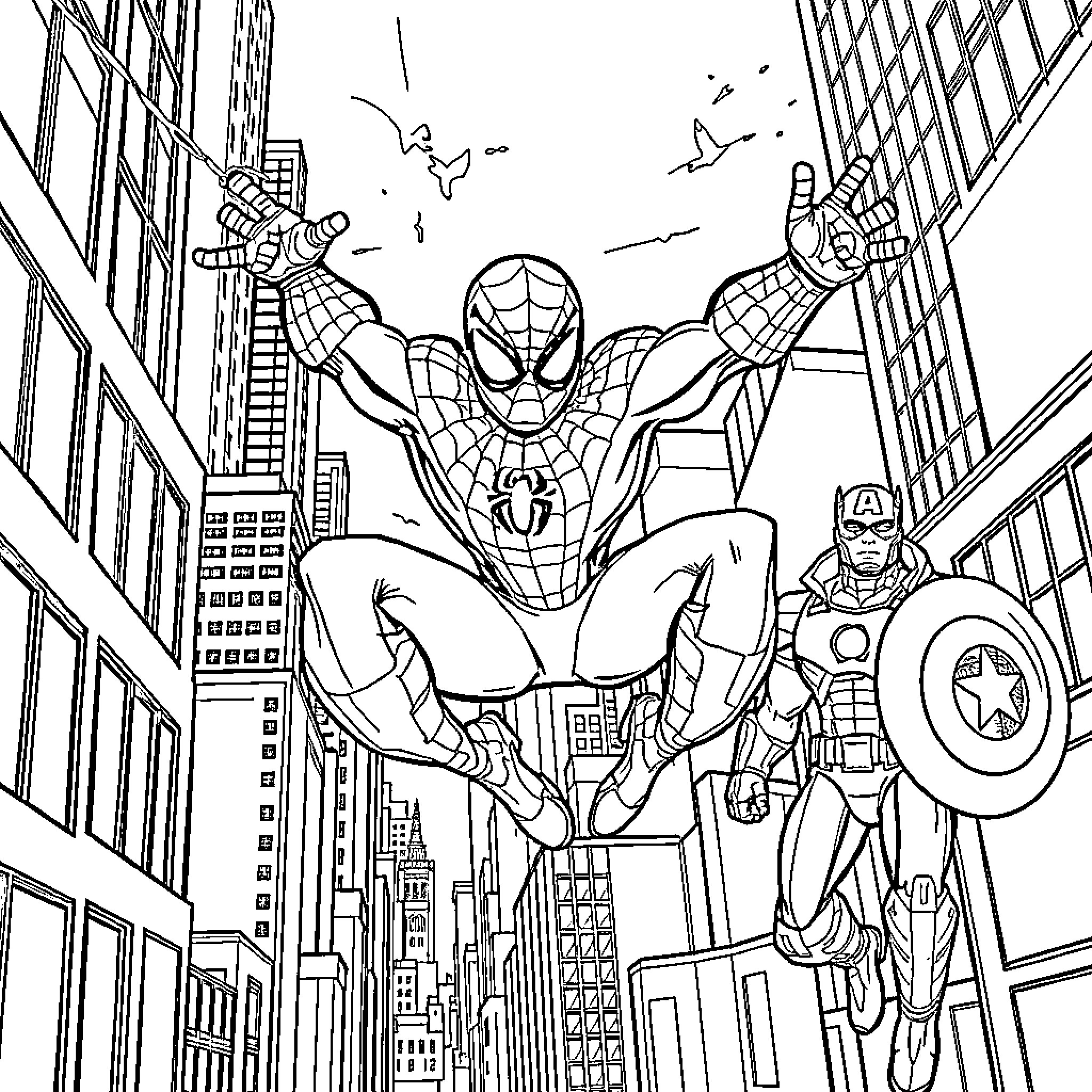 Spider-Man swinging through the city with superhero companions Coloring Page (free black-and-white line drawing printable PDF for all, from beginners to advanced learners, including children, teens, adults, and seniors)