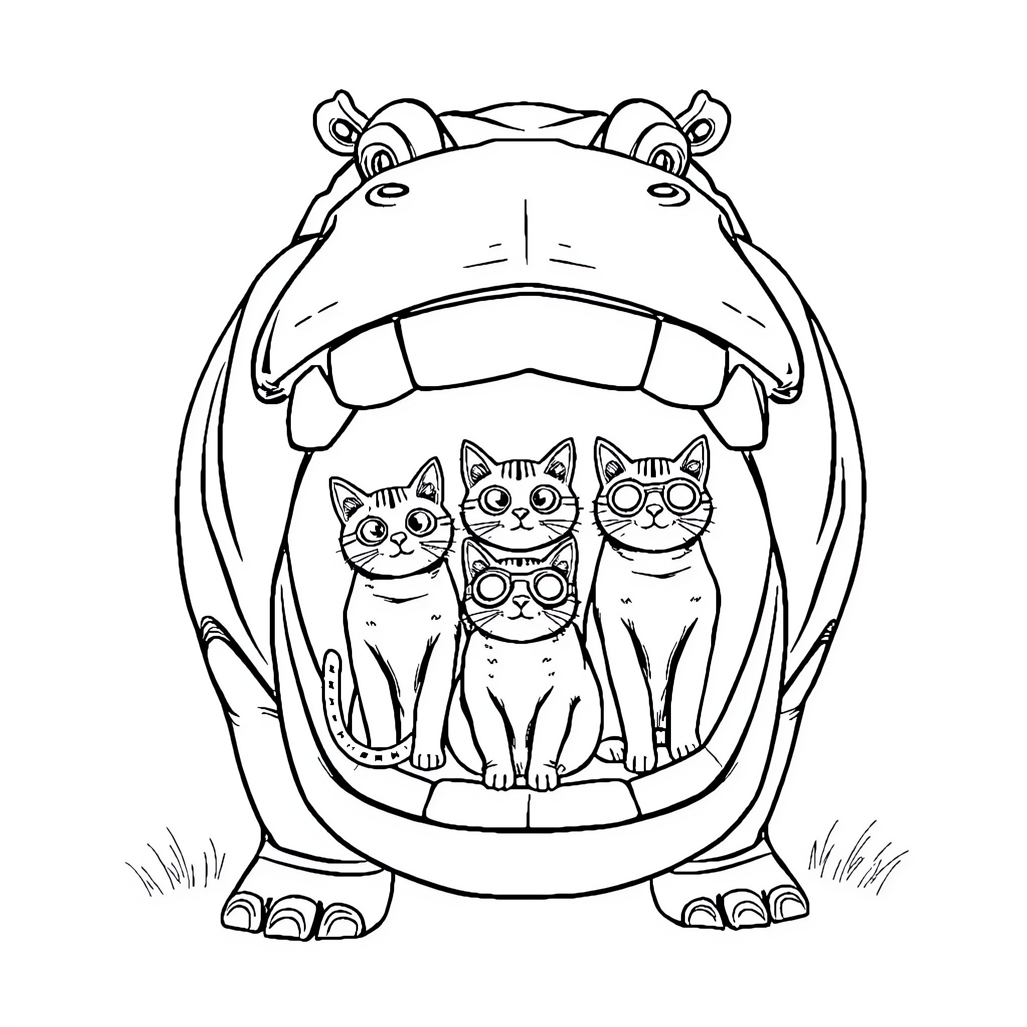 Hippo with kittens in its mouth Coloring Page (free black-and-white line drawing printable PDF for all, from beginners to advanced learners, including children, teens, adults, and seniors)