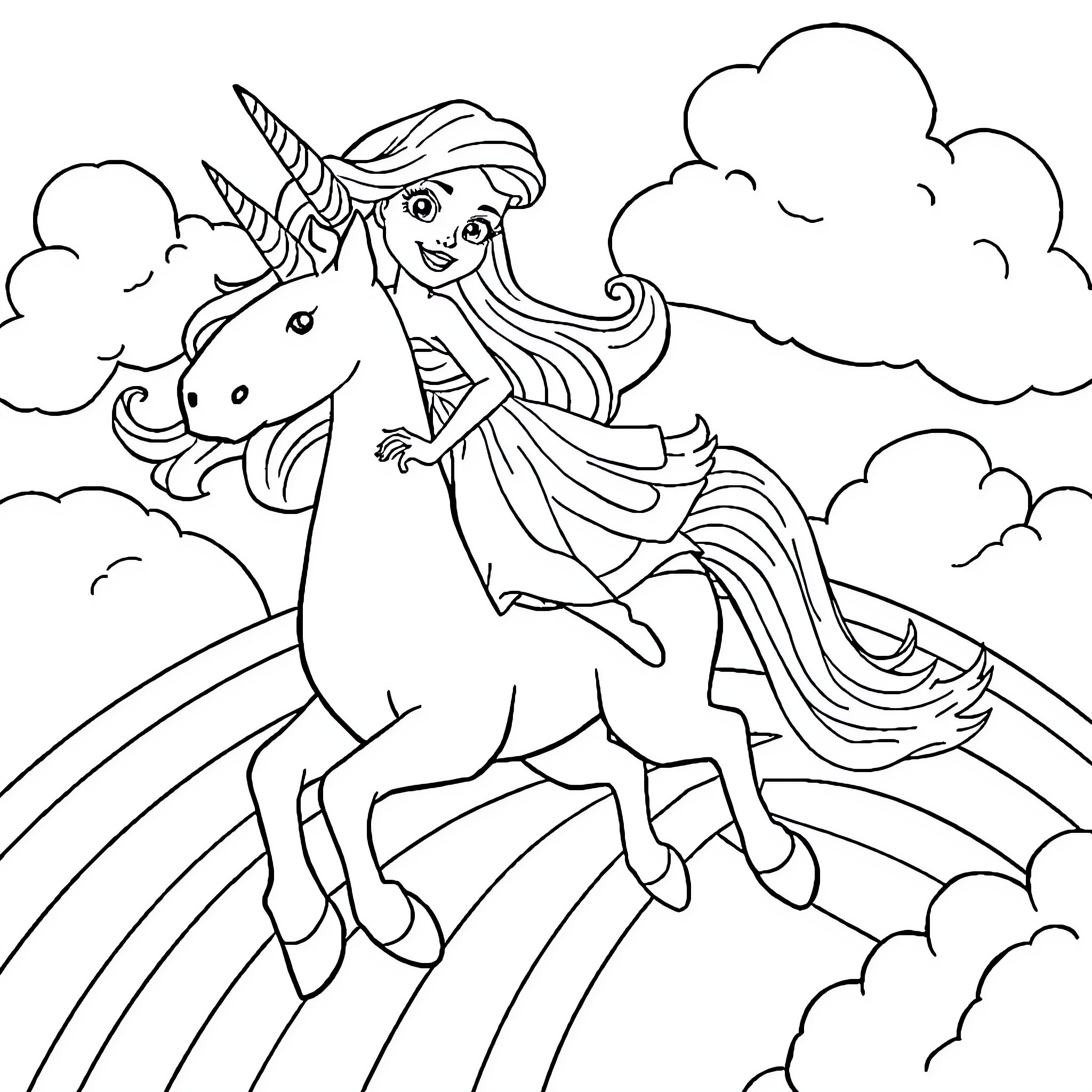 Ariel riding a magical unicorn in the clouds Coloring Page (free black-and-white line drawing printable PDF for all, from beginners to advanced learners, including children, teens, adults, and seniors)