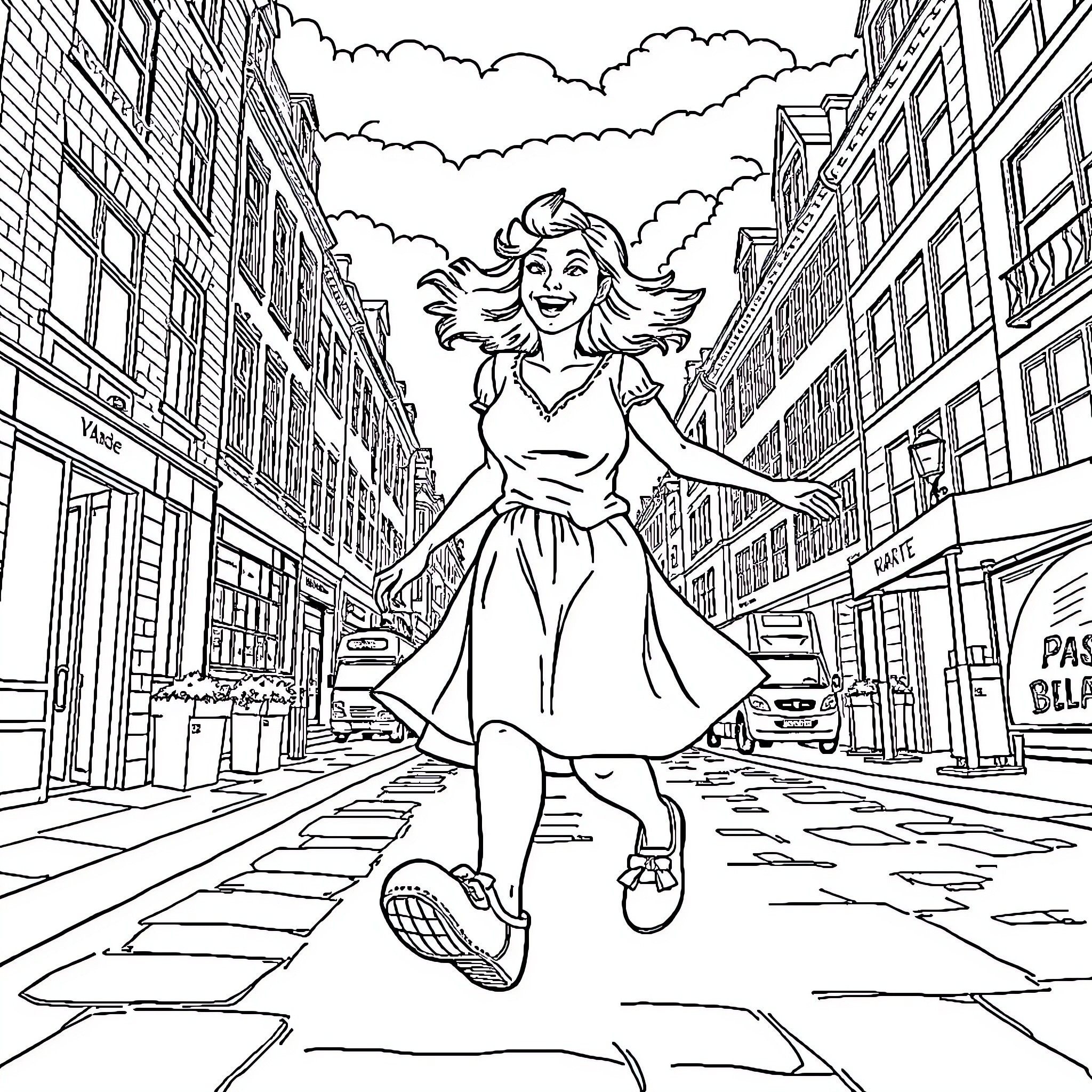 Frau joyfully dancing in the city street Coloring Page (free black-and-white line drawing printable PDF for all, from beginners to advanced learners, including children, teens, adults, and seniors)