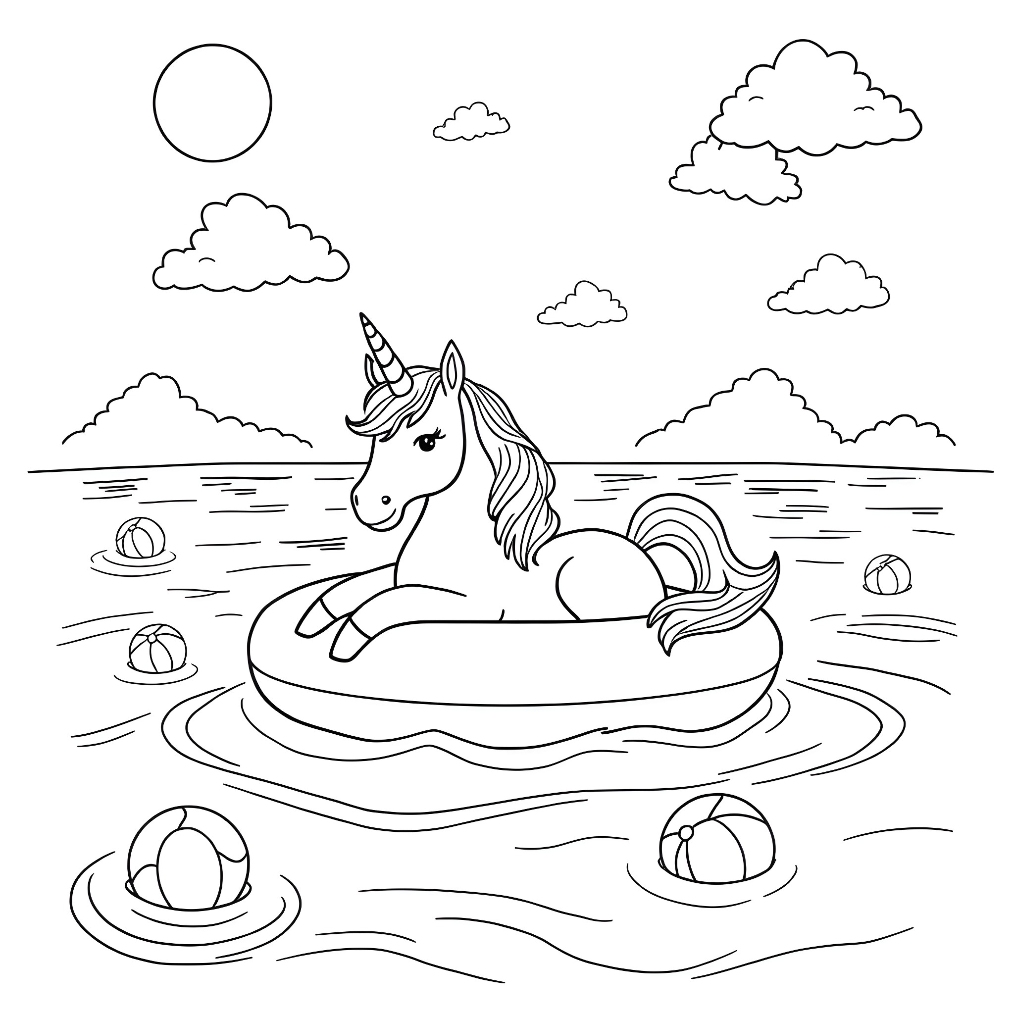 Unicorn floating on inflatable pool ring in nature Coloring Page (free black-and-white line drawing printable PDF for all, from beginners to advanced learners, including children, teens, adults, and seniors)