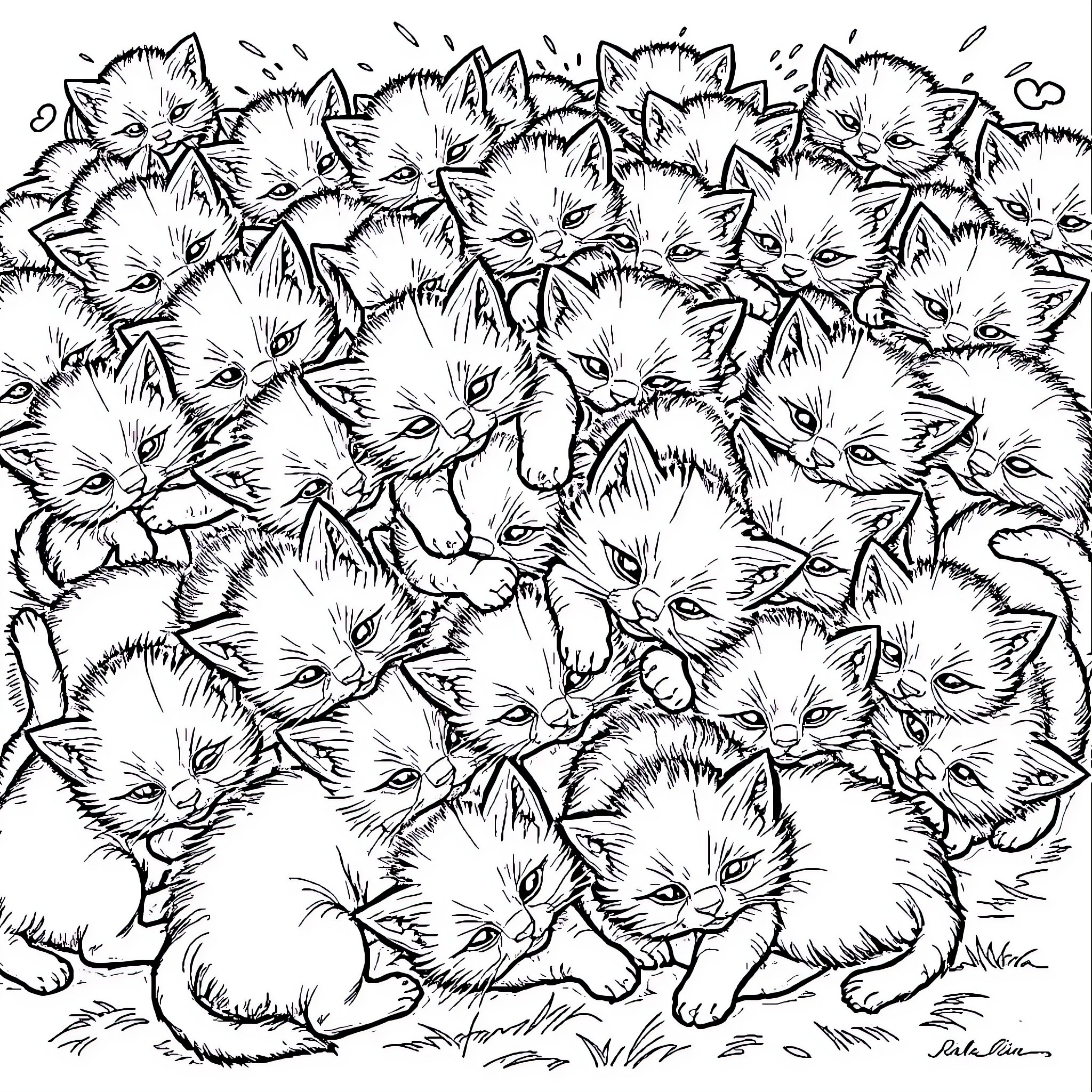 Kitten chaos in the garden Coloring Page (free black-and-white line drawing printable PDF for all, from beginners to advanced learners, including children, teens, adults, and seniors)