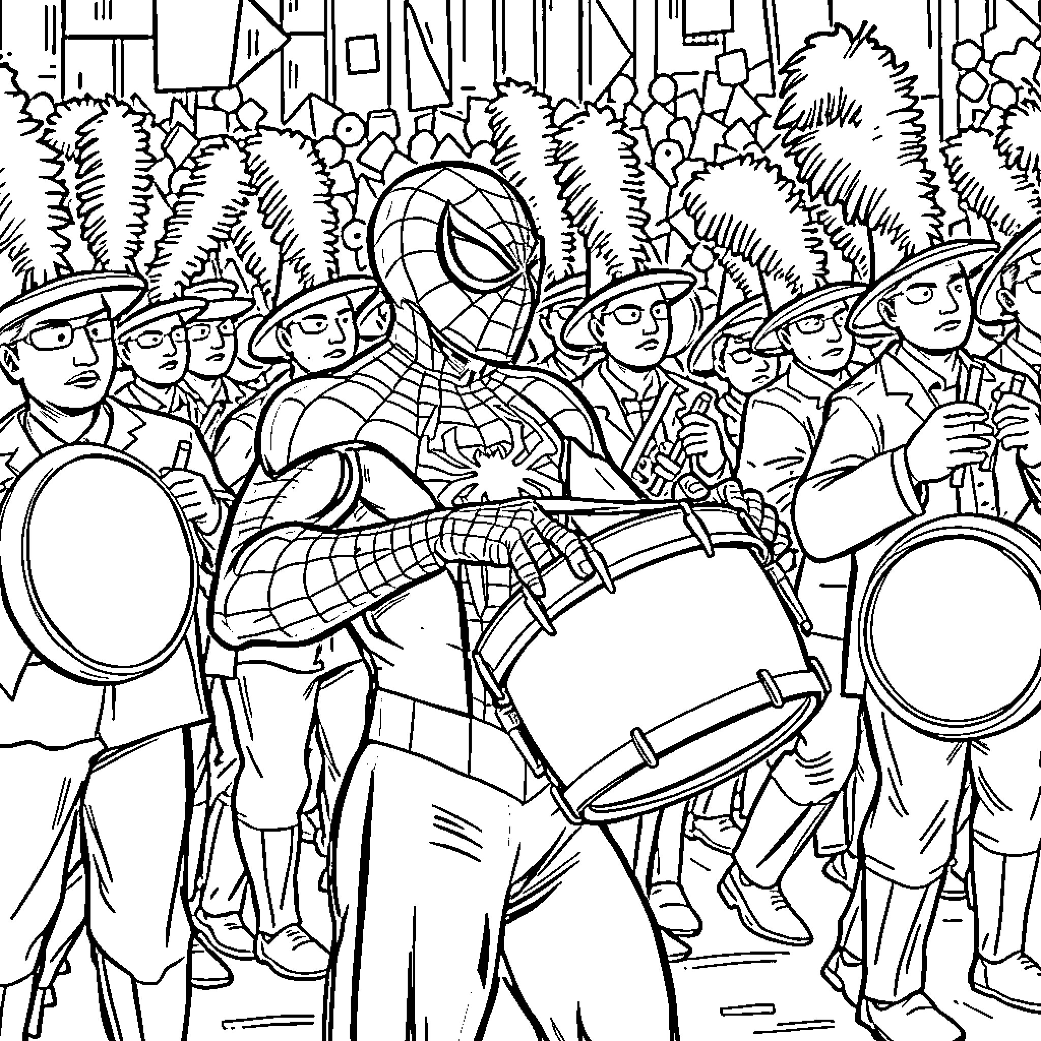 Spiderman leading a vibrant parade Coloring Page (free black-and-white line drawing printable PDF for all, from beginners to advanced learners, including children, teens, adults, and seniors)
