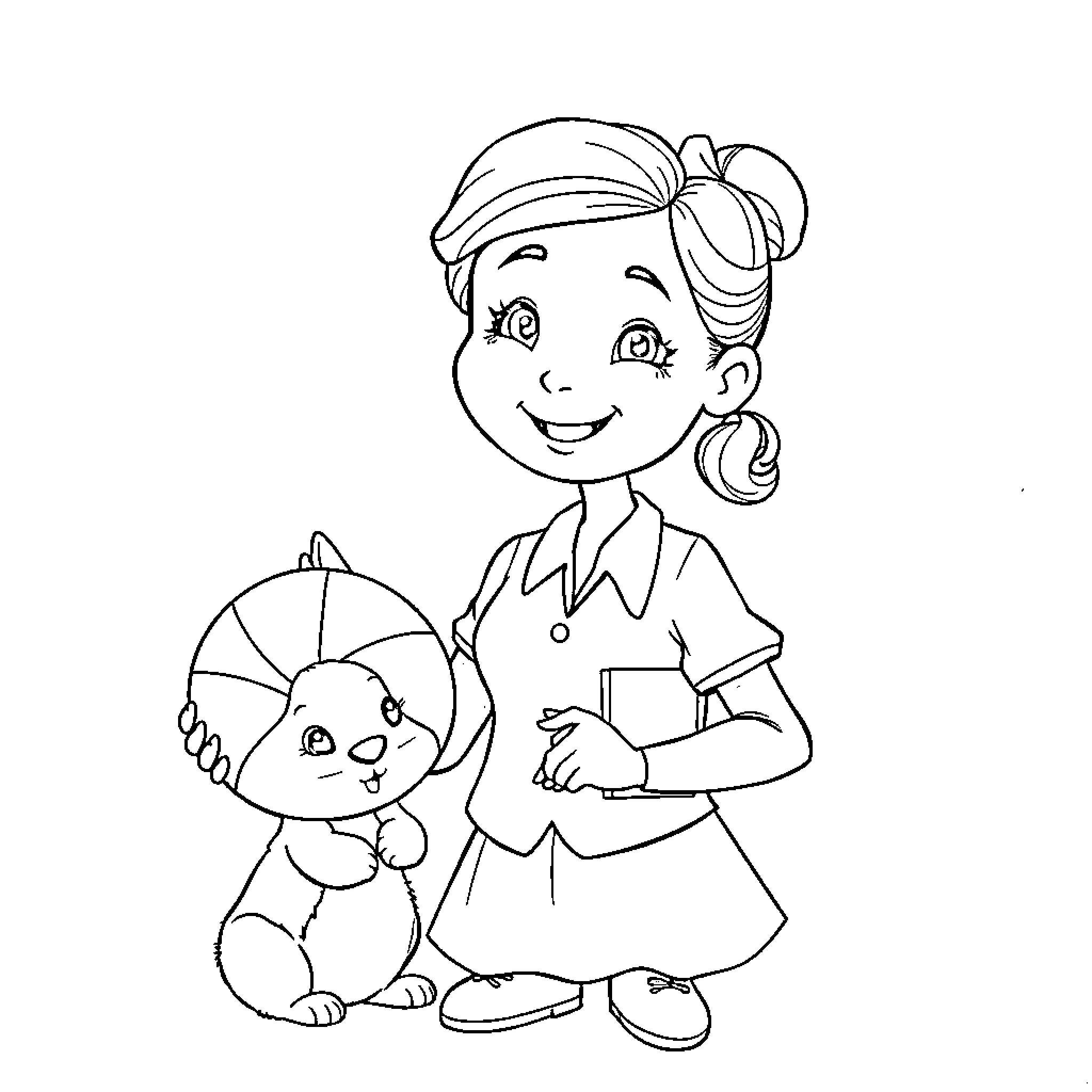 Teacher interacting with a friendly animal Coloring Page (free black-and-white line drawing printable PDF for all, from beginners to advanced learners, including children, teens, adults, and seniors)