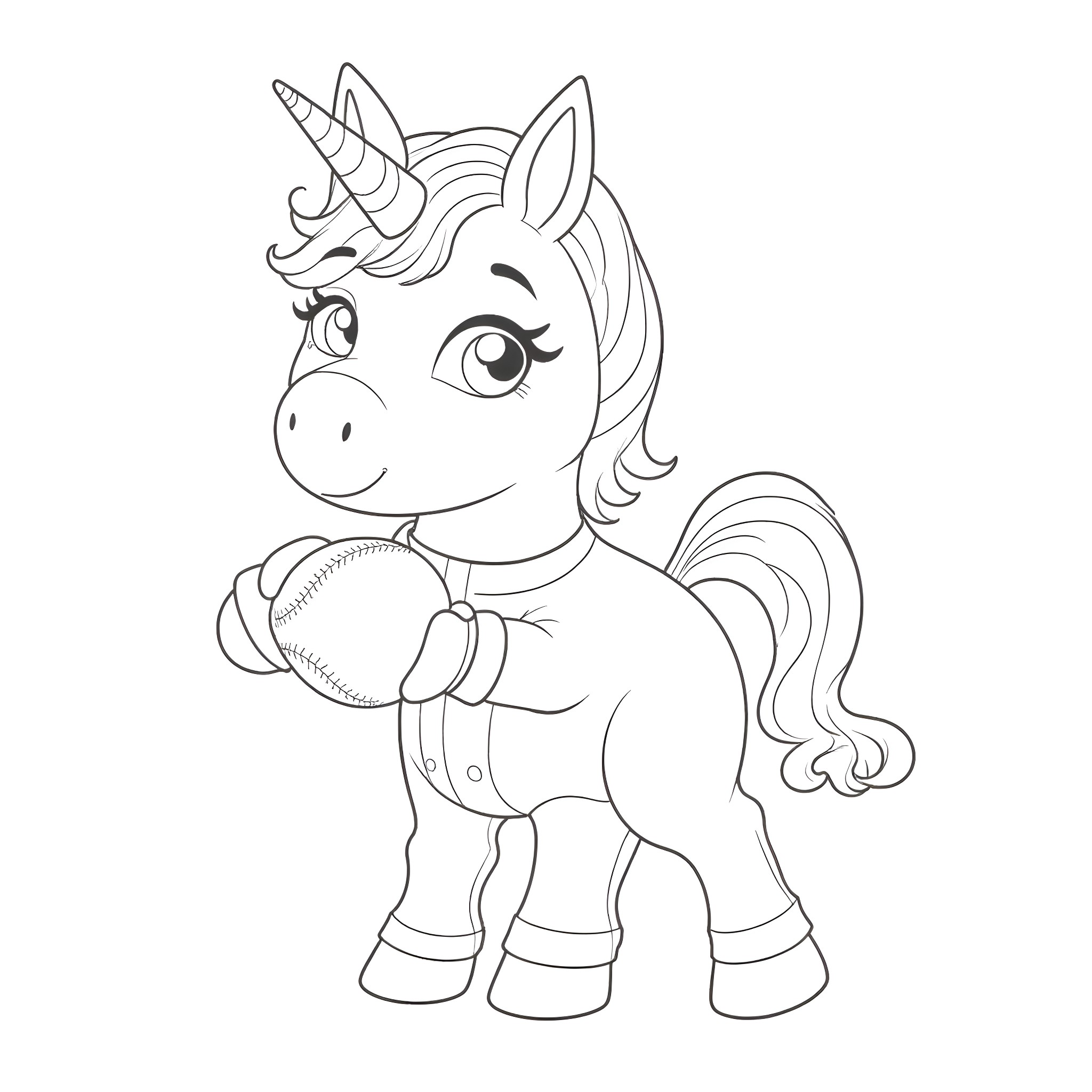 Unicorn Playing with Baseball Coloring Page (free black-and-white line drawing printable PDF for all, from beginners to advanced learners, including children, teens, adults, and seniors)