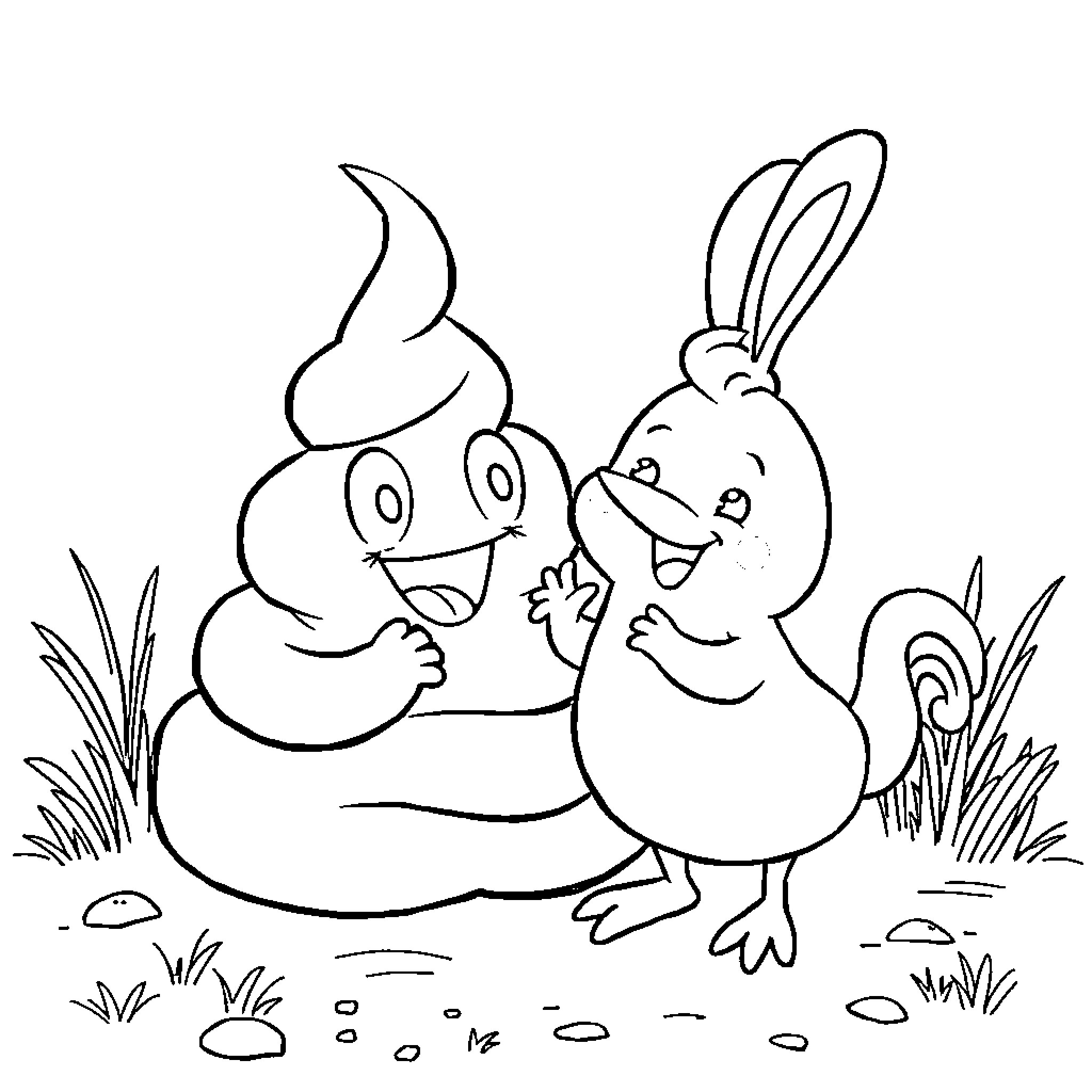 Poop Bunny and Buddy Relaxing in the Grass Coloring Page (free black-and-white line drawing printable PDF for all, from beginners to advanced learners, including children, teens, adults, and seniors)