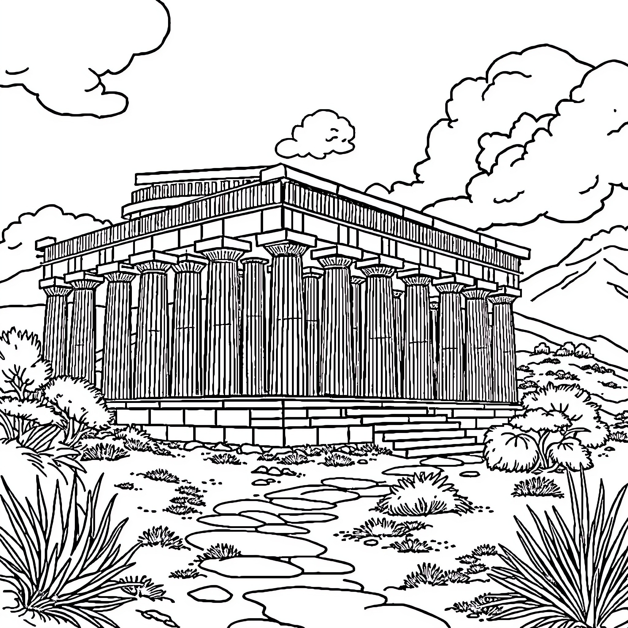 Greek Civilization: Ancient Temple in Mountain Landscape Coloring Page (free black-and-white line drawing printable PDF for all, from beginners to advanced learners, including children, teens, adults, and seniors)