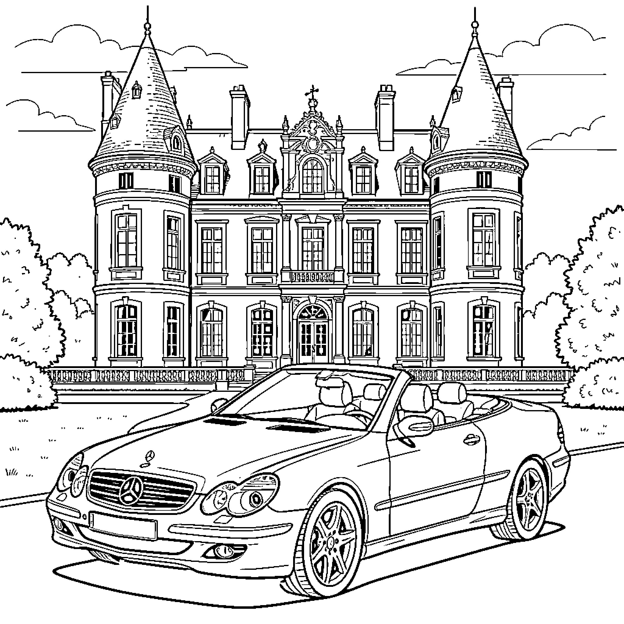 Mercedes driving a convertible in front of a mansion Coloring Page (free black-and-white line drawing printable PDF for all, from beginners to advanced learners, including children, teens, adults, and seniors)