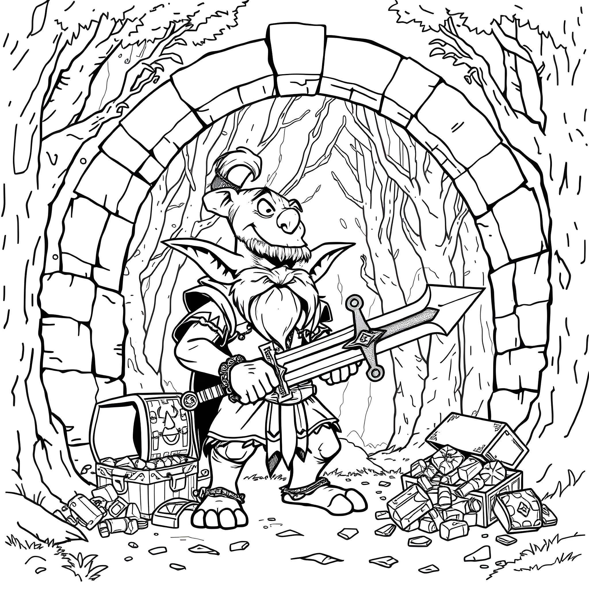 Goblin with treasure in magical forest tunnel Coloring Page (free black-and-white line drawing printable PDF for all, from beginners to advanced learners, including children, teens, adults, and seniors)