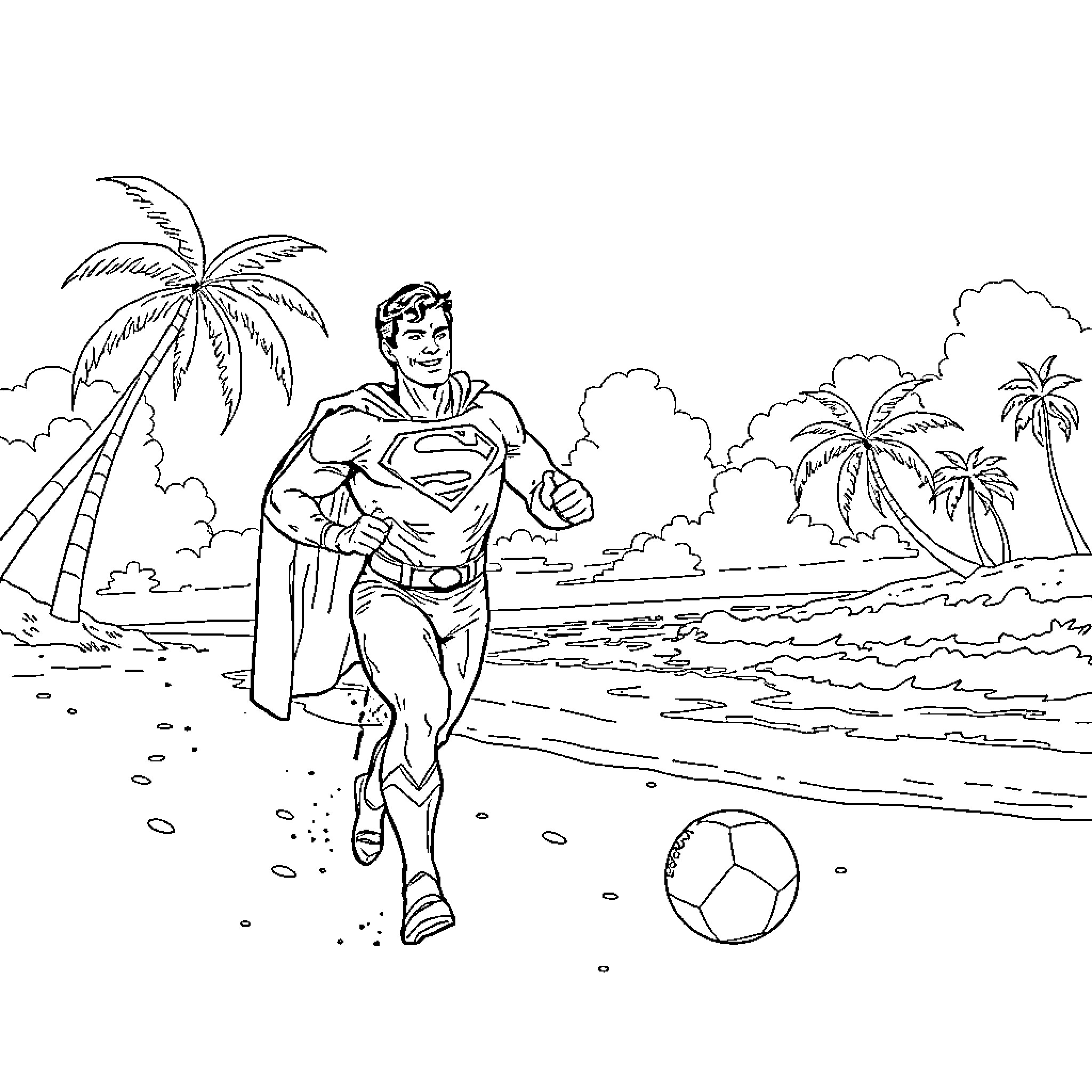 Superman enjoying a beach day Coloring Page (free black-and-white line drawing printable PDF for all, from beginners to advanced learners, including children, teens, adults, and seniors)