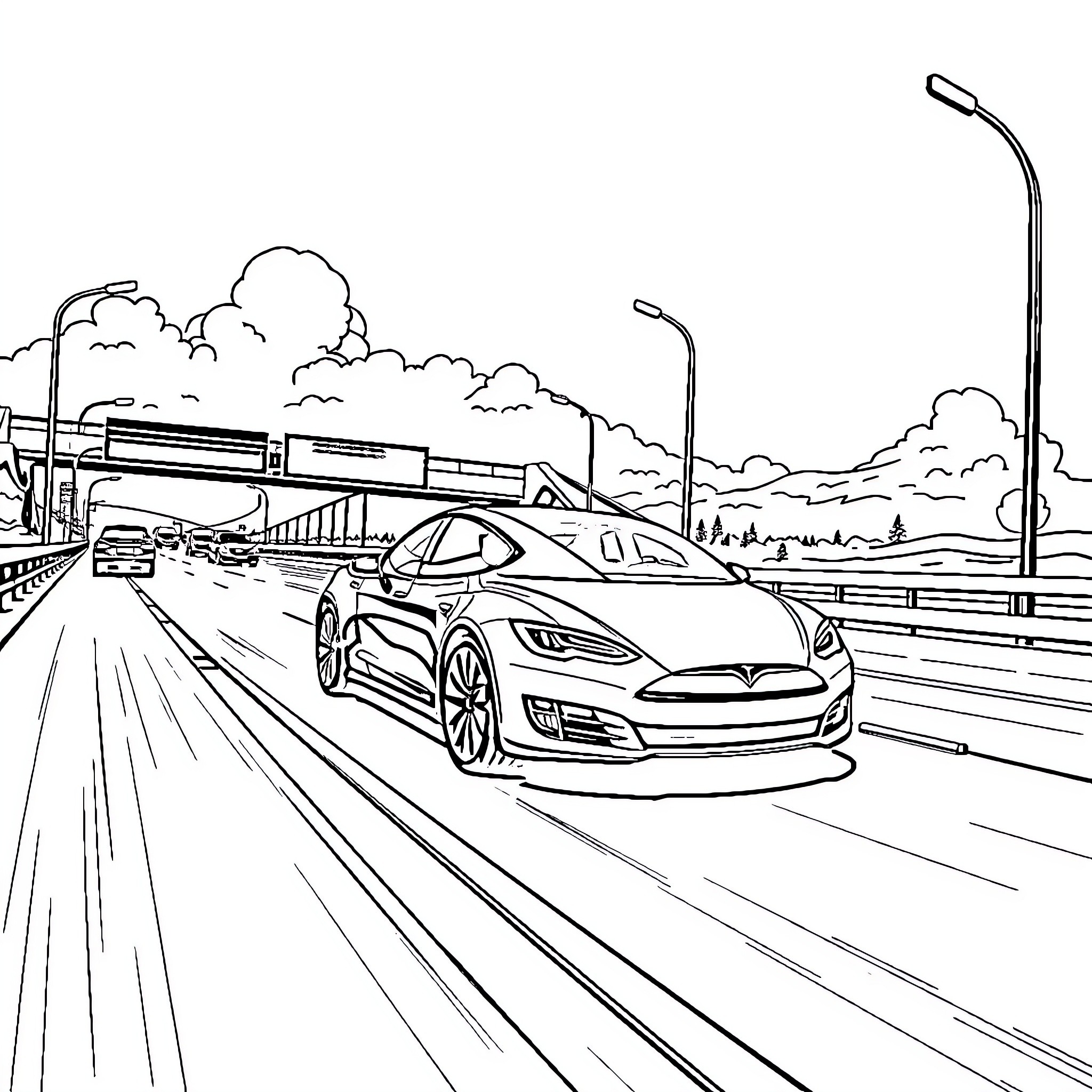 Tesla driving on the highway in the city Coloring Page (free black-and-white line drawing printable PDF for all, from beginners to advanced learners, including children, teens, adults, and seniors)