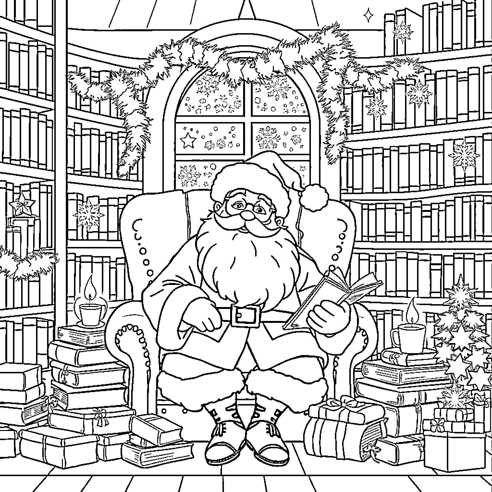 Santa reading a book in his cozy library Coloring Page (free black-and-white line drawing printable PDF for all, from beginners to advanced learners, including children, teens, adults, and seniors)
