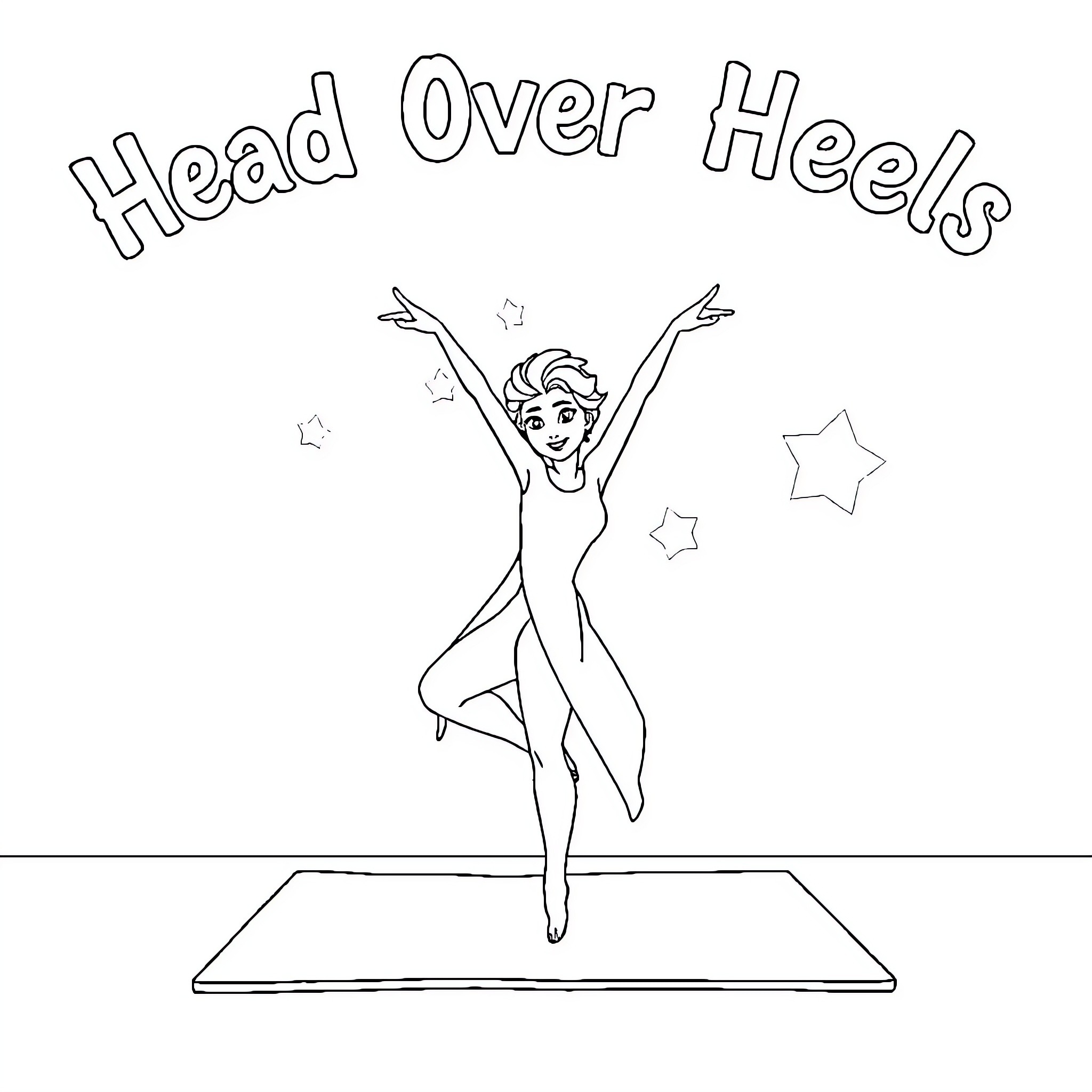 Elsa's Joyful Gymnastic Routine Coloring Page (free black-and-white line drawing printable PDF for all, from beginners to advanced learners, including children, teens, adults, and seniors)