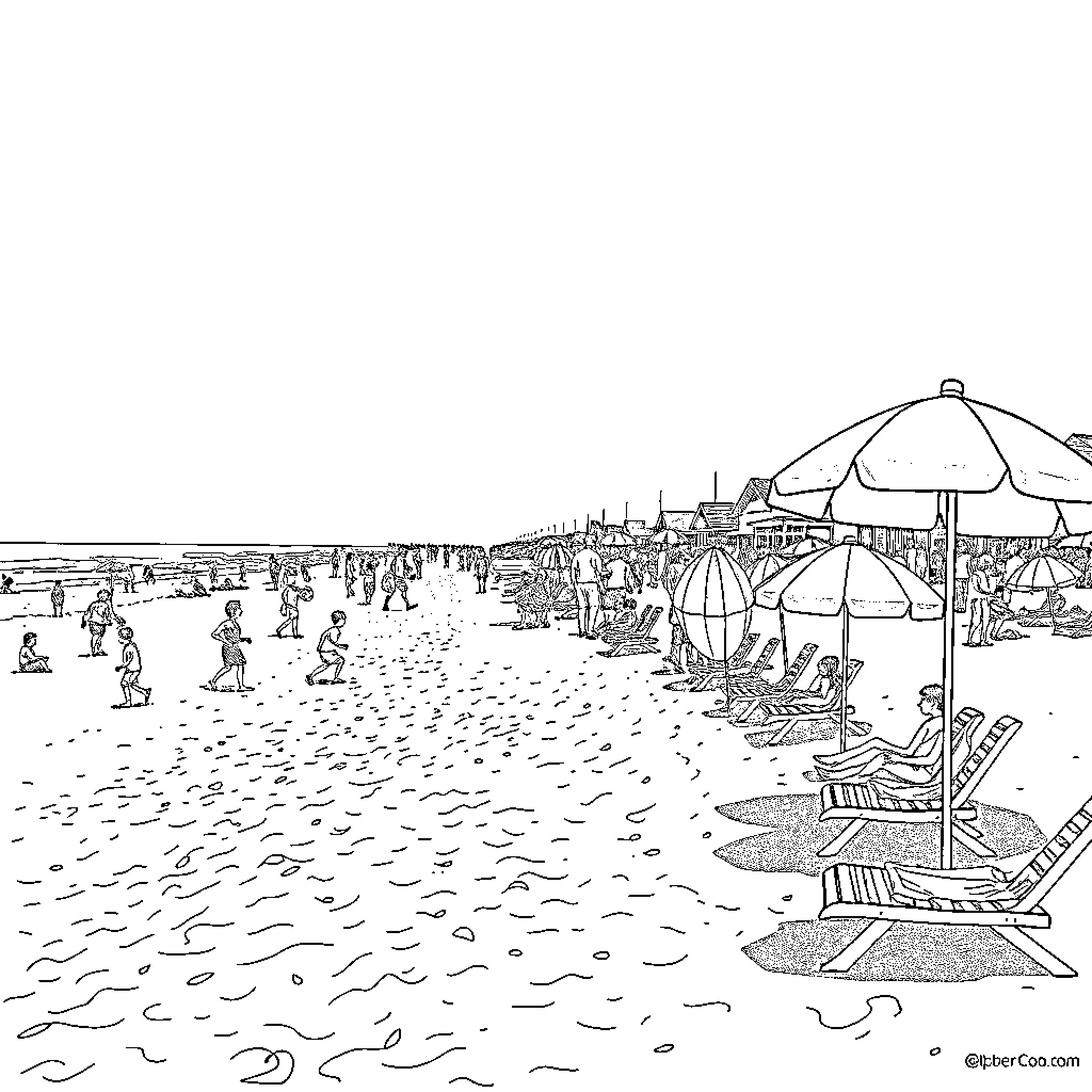 Beach scene with umbrellas and people enjoying the sun Coloring Page (free black-and-white line drawing printable PDF for all, from beginners to advanced learners, including children, teens, adults, and seniors)