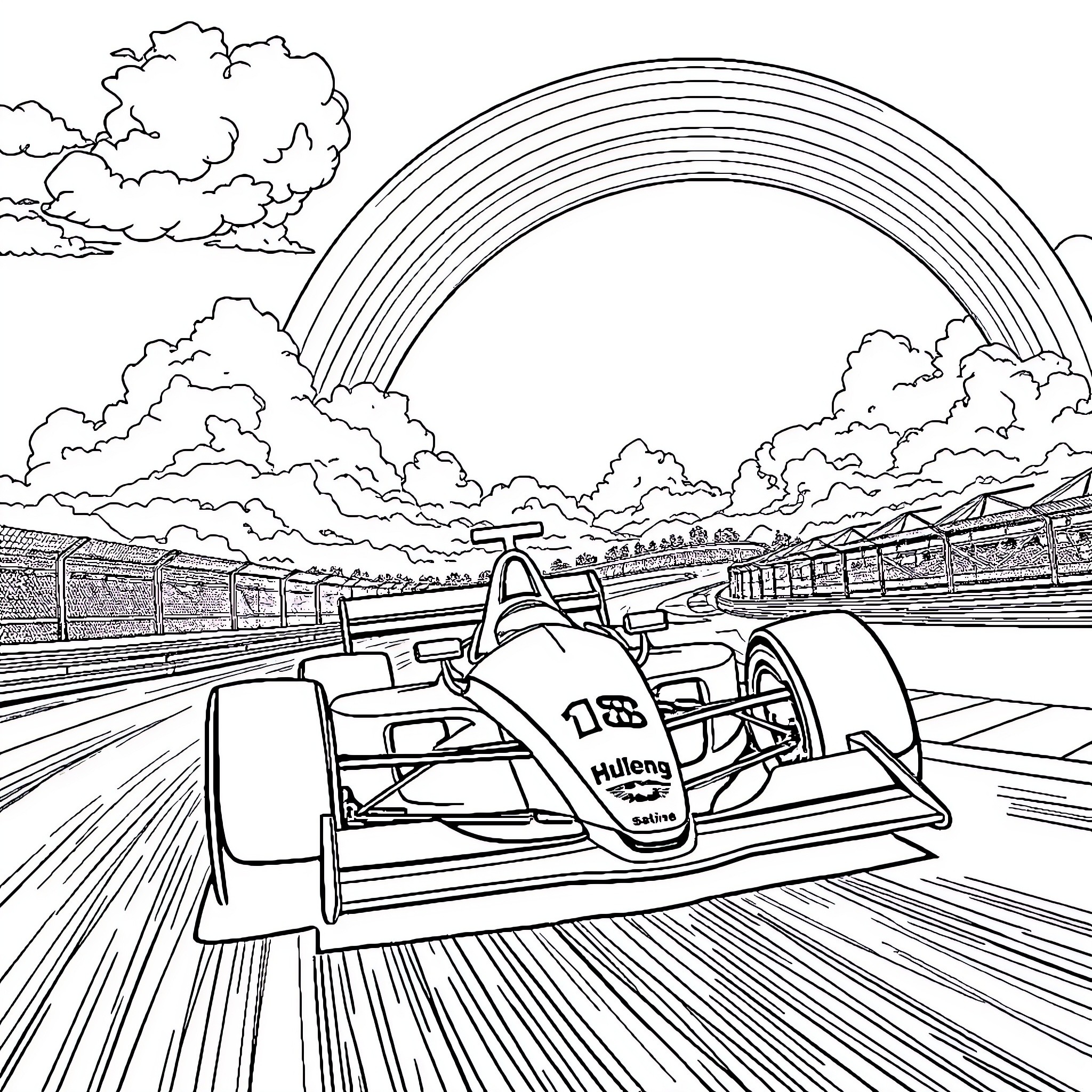 Formula Car racing on track under rainbow-filled sky Coloring Page (free black-and-white line drawing printable PDF for all, from beginners to advanced learners, including children, teens, adults, and seniors)