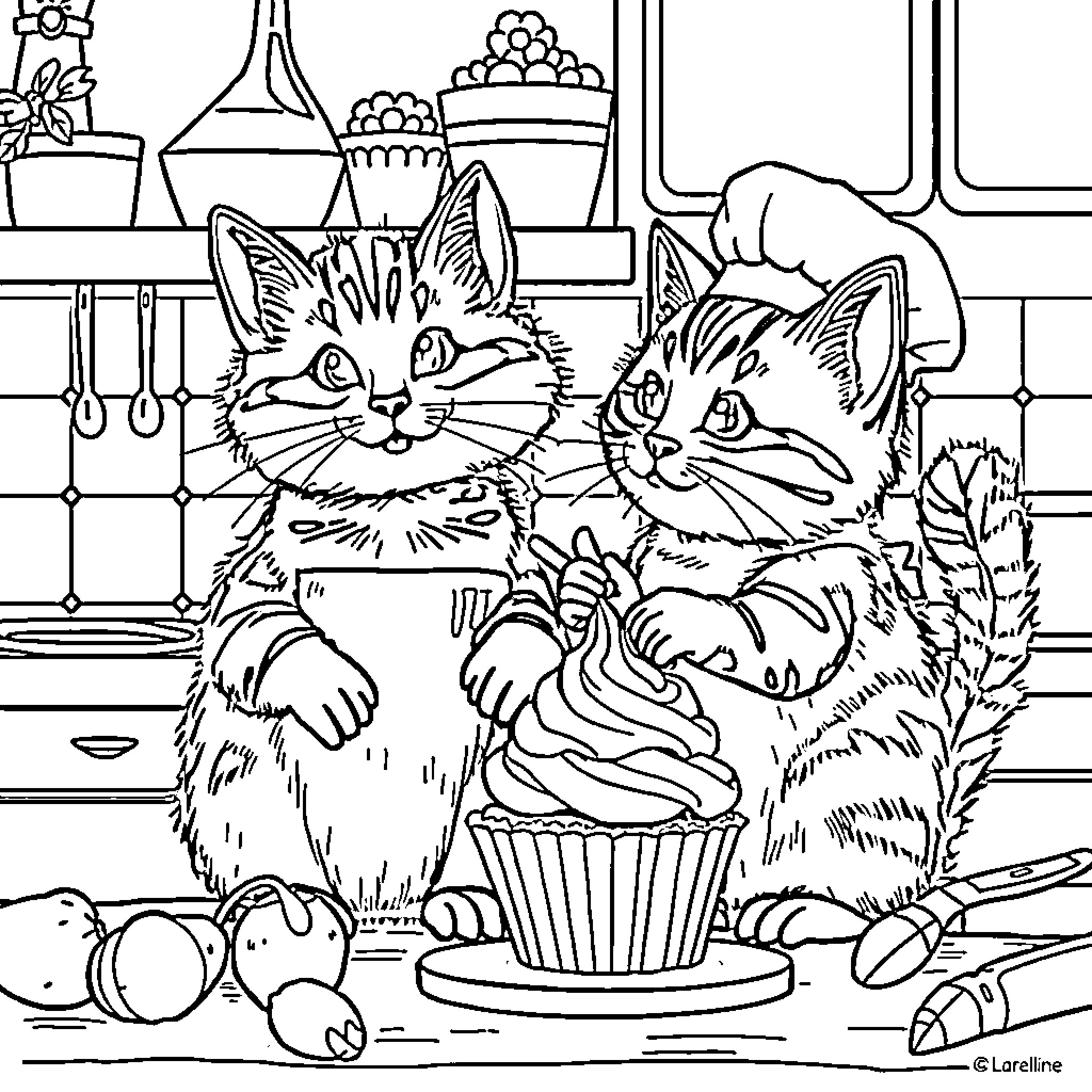 Kittens playing with delicious cupcakes in the kitchen Coloring Page (free black-and-white line drawing printable PDF for all, from beginners to advanced learners, including children, teens, adults, and seniors)