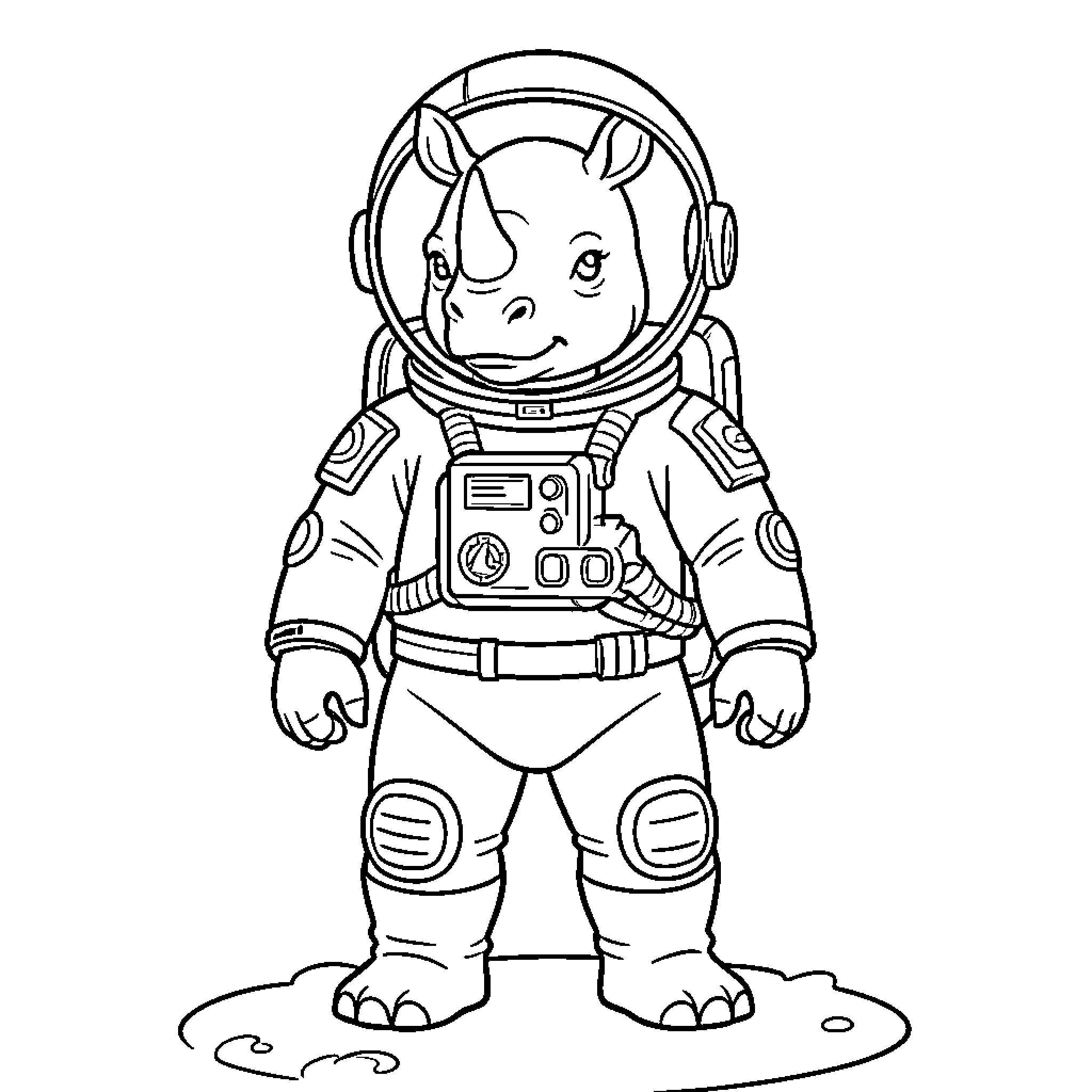 Rhinoceros astronaut exploring space Coloring Page (free black-and-white line drawing printable PDF for all, from beginners to advanced learners, including children, teens, adults, and seniors)