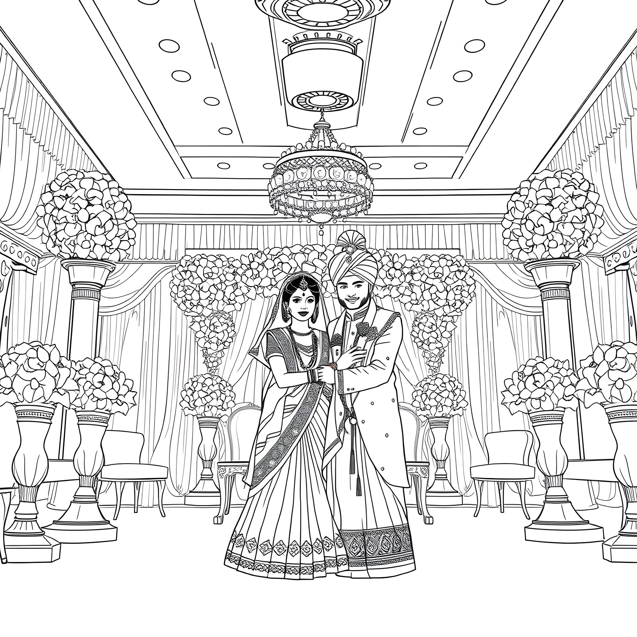 Couple in Wedding Attire at Ornate Venue Coloring Page (free black-and-white line drawing printable PDF for all, from beginners to advanced learners, including children, teens, adults, and seniors)