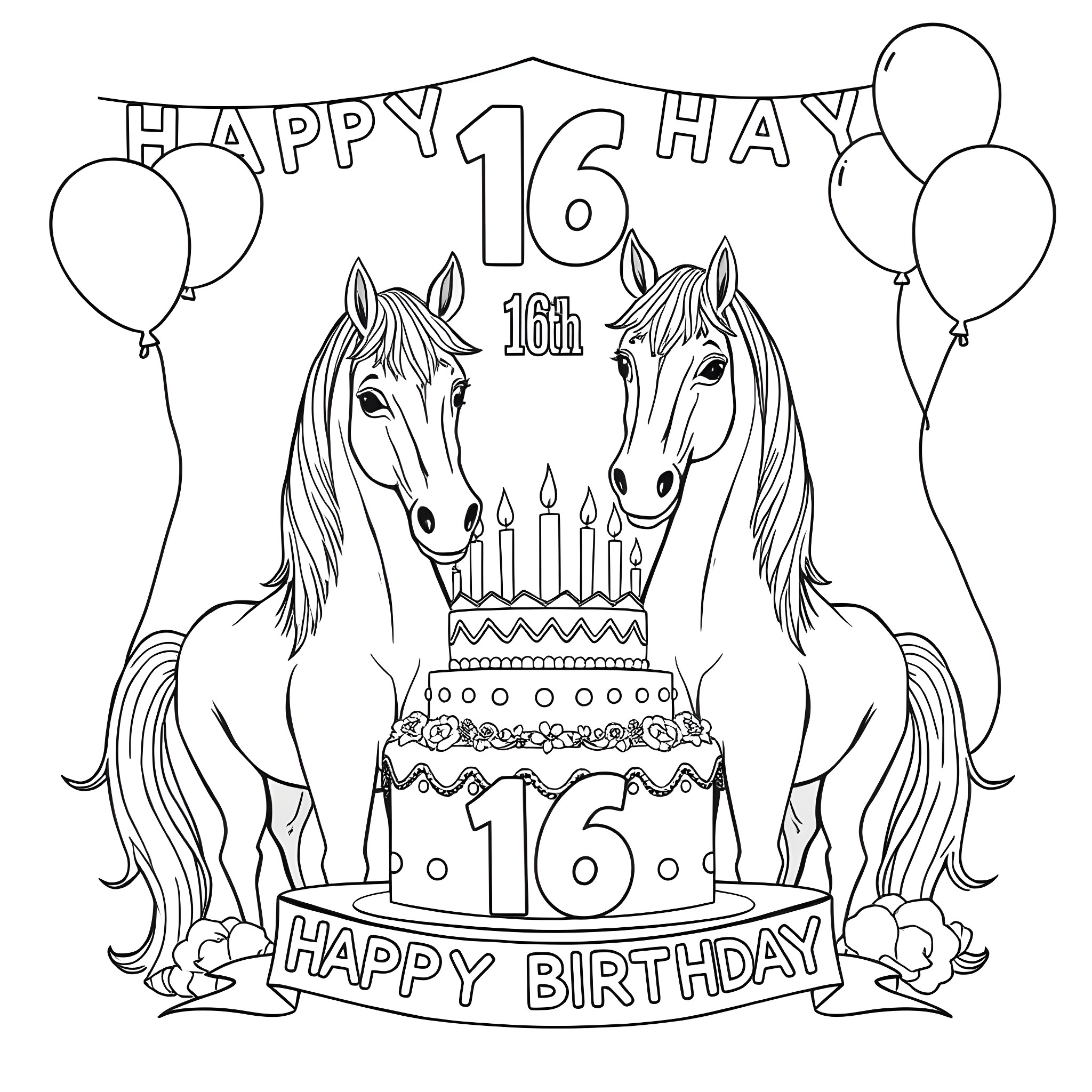 Horses celebrating 16th birthday with cake and balloons Coloring Page (free black-and-white line drawing printable PDF for all, from beginners to advanced learners, including children, teens, adults, and seniors)