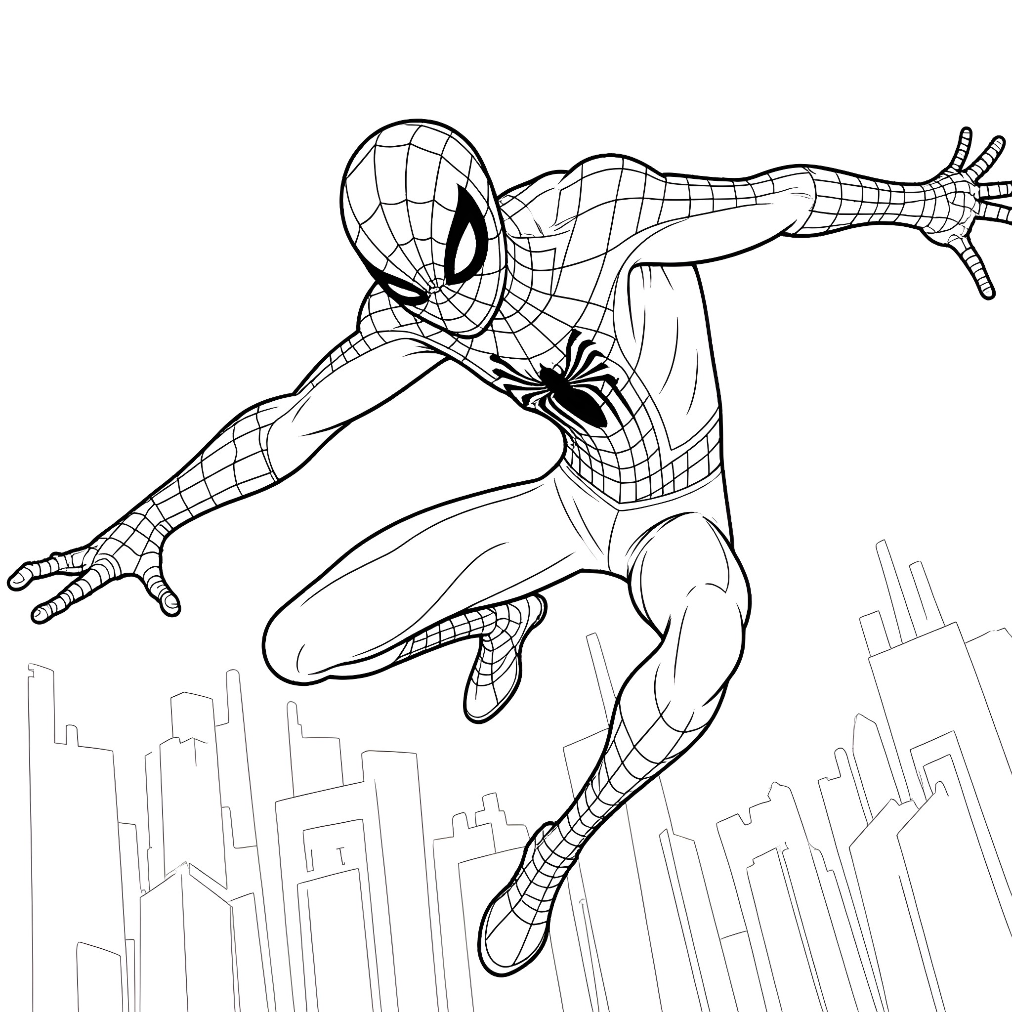 Spider-Man swinging through the city skyline Coloring Page (free black-and-white line drawing printable PDF for all, from beginners to advanced learners, including children, teens, adults, and seniors)