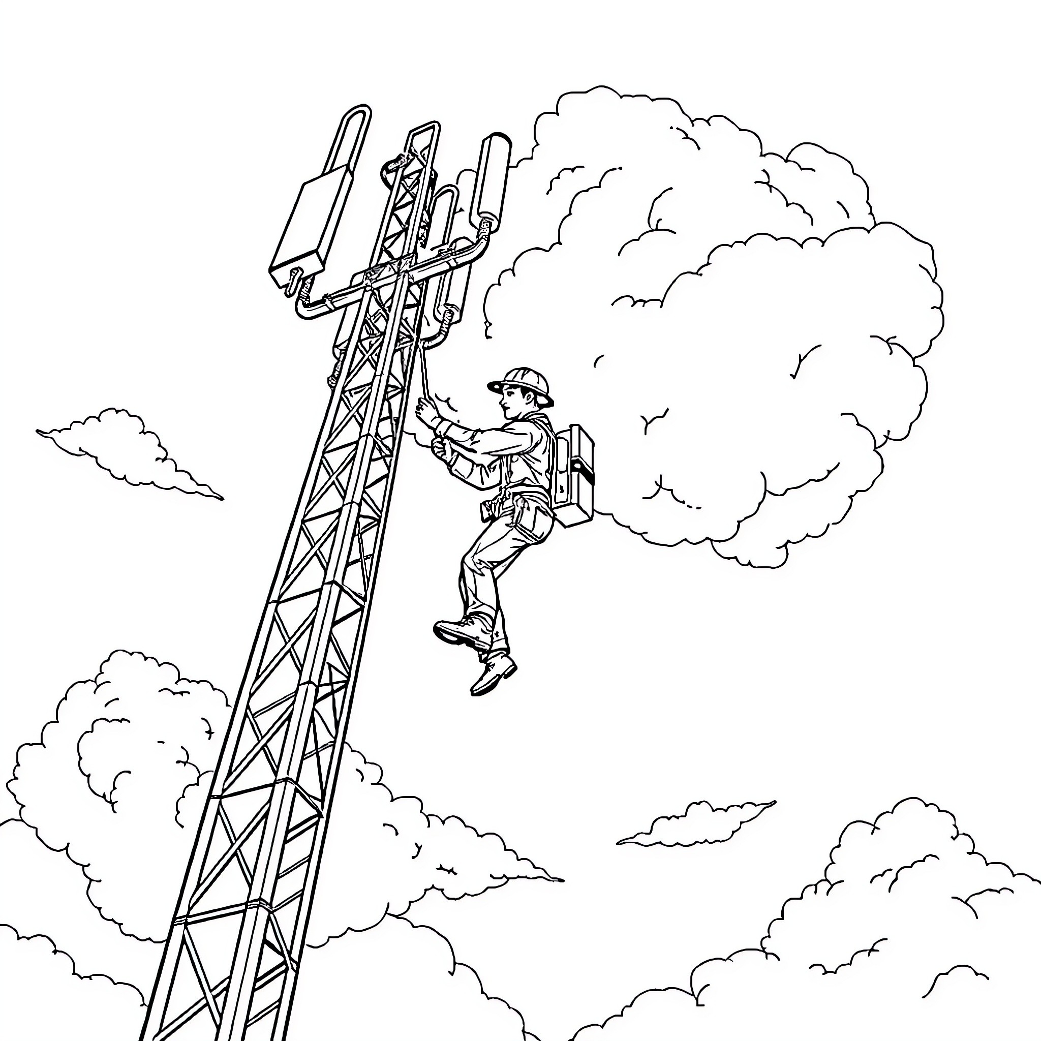 Telecom Surveyor Inspecting Telecommunications Tower Coloring Page (free black-and-white line drawing printable PDF for all, from beginners to advanced learners, including children, teens, adults, and seniors)