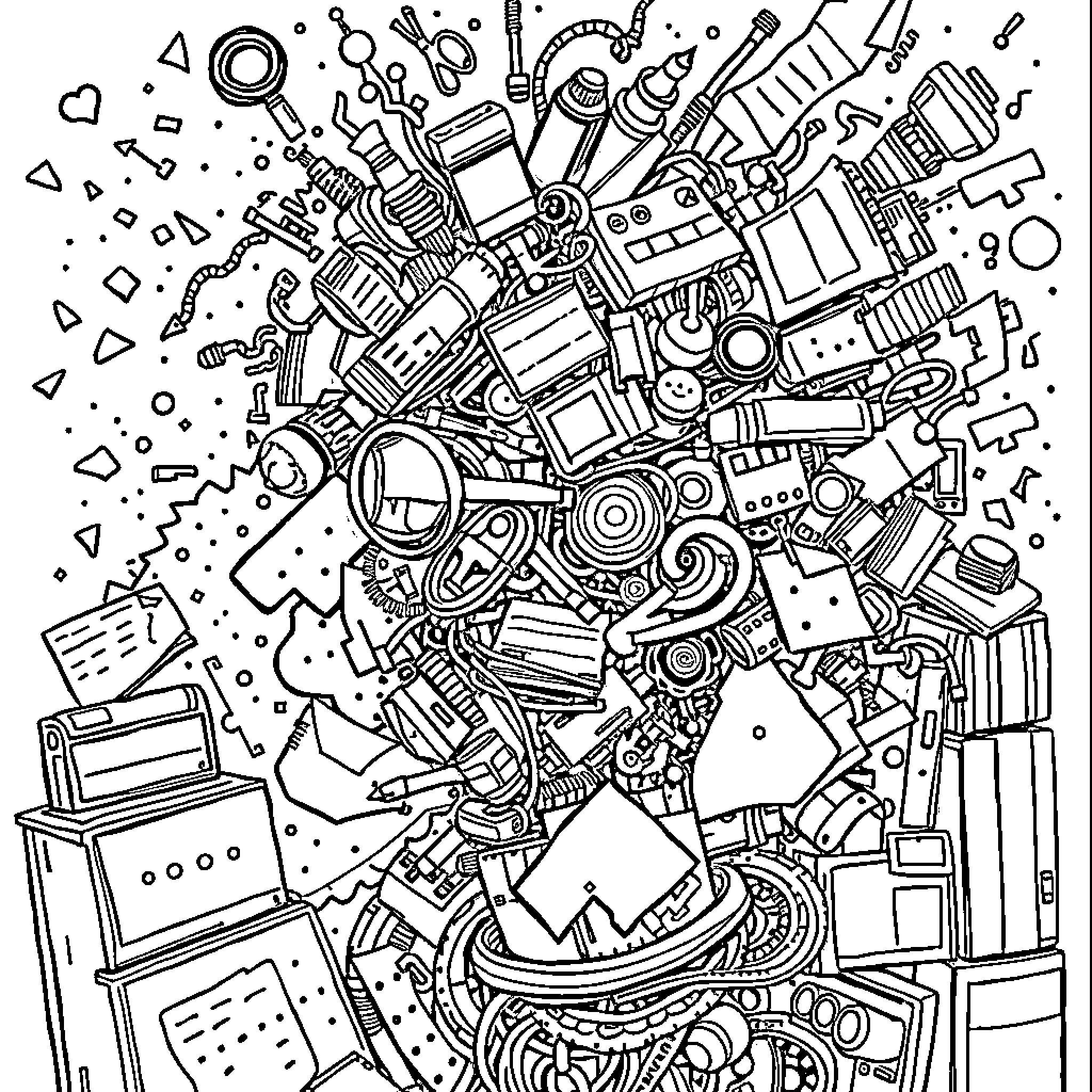 Brainrot: Whimsical Chaos of Random Objects Coloring Page (free black-and-white line drawing printable PDF for all, from beginners to advanced learners, including children, teens, adults, and seniors)