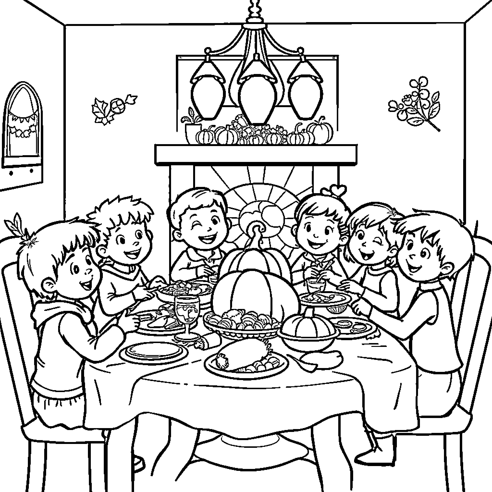 Thanksgiving Feast with Family Coloring Page (free black-and-white line drawing printable PDF for all, from beginners to advanced learners, including children, teens, adults, and seniors)