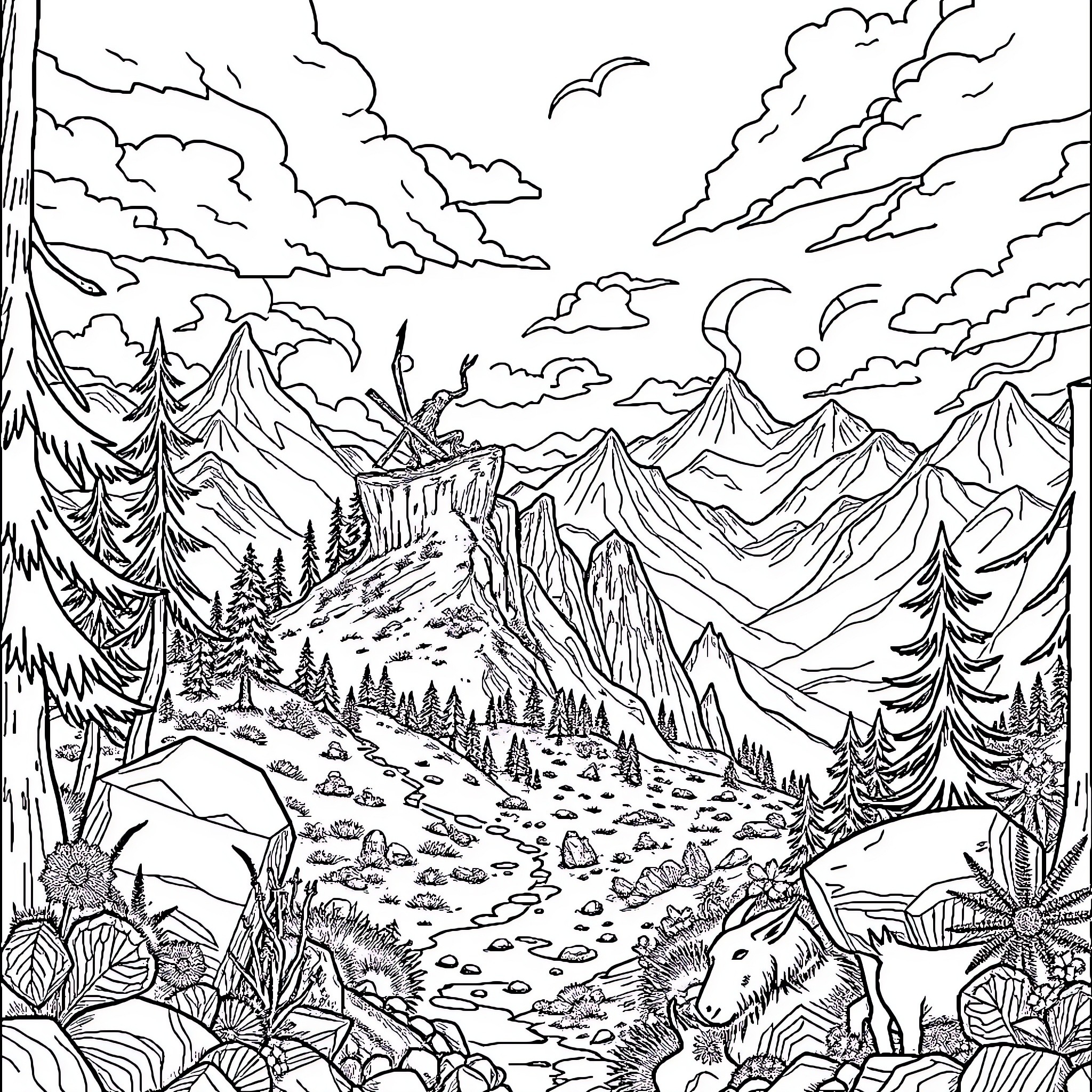 Huntrix's Journey Through Mystical Mountain Landscapes Coloring Page (free black-and-white line drawing printable PDF for all, from beginners to advanced learners, including children, teens, adults, and seniors)