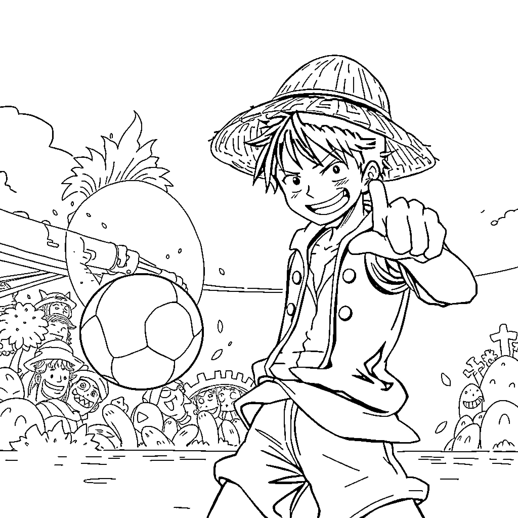 Luffy's Adventurous Exploits in the Anime World Coloring Page (free black-and-white line drawing printable PDF for all, from beginners to advanced learners, including children, teens, adults, and seniors)