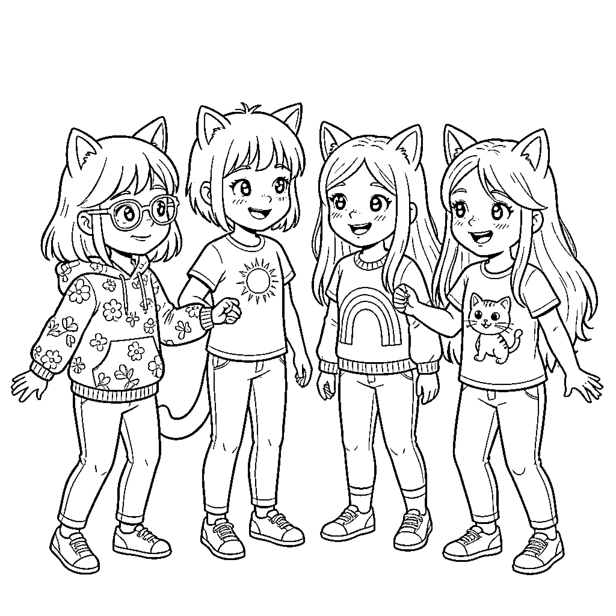Fille friends enjoying outdoor adventure Coloring Page (free black-and-white line drawing printable PDF for all, from beginners to advanced learners, including children, teens, adults, and seniors)